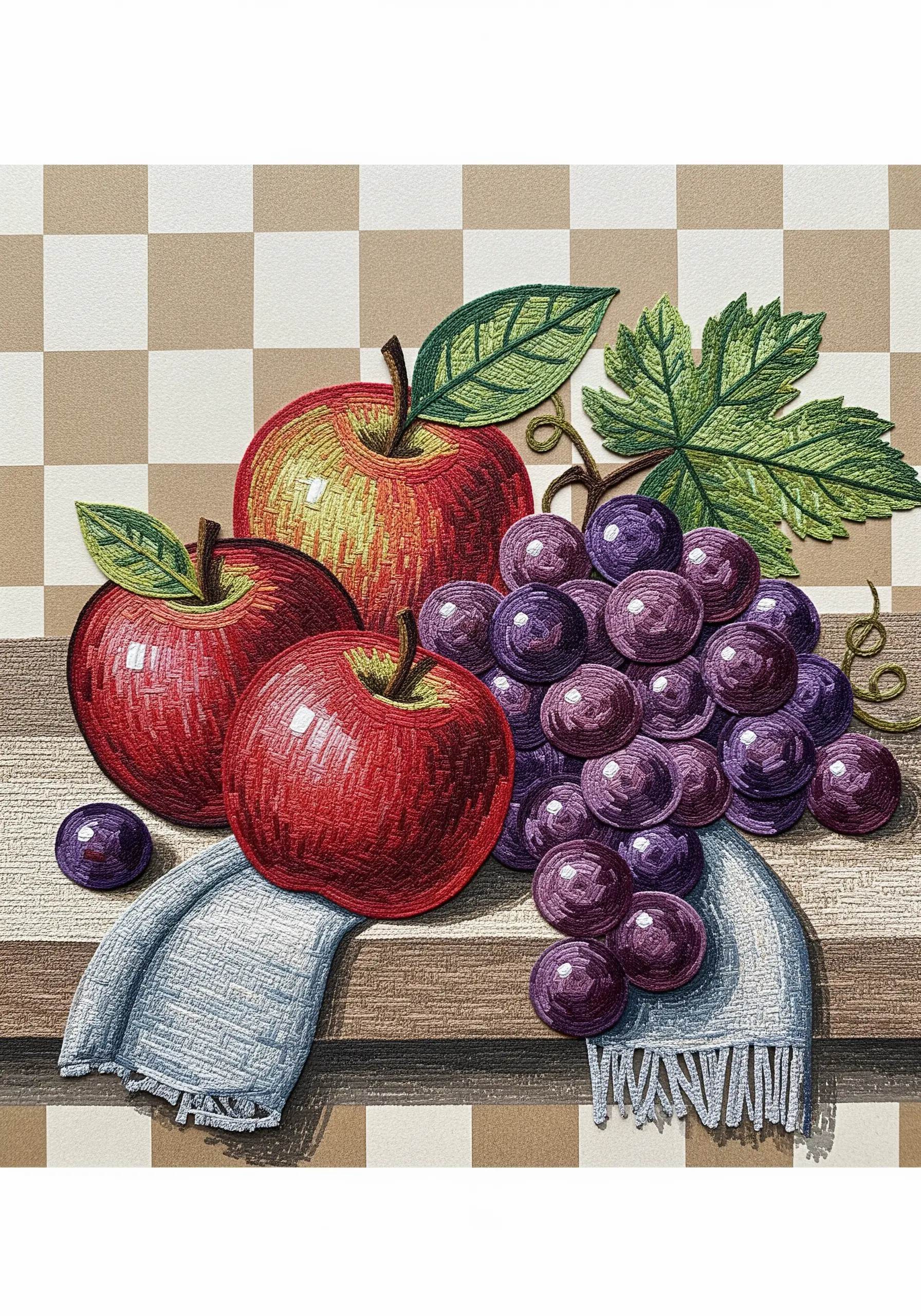 A still life of apples and grapes with a distinct cross-hatch texture.