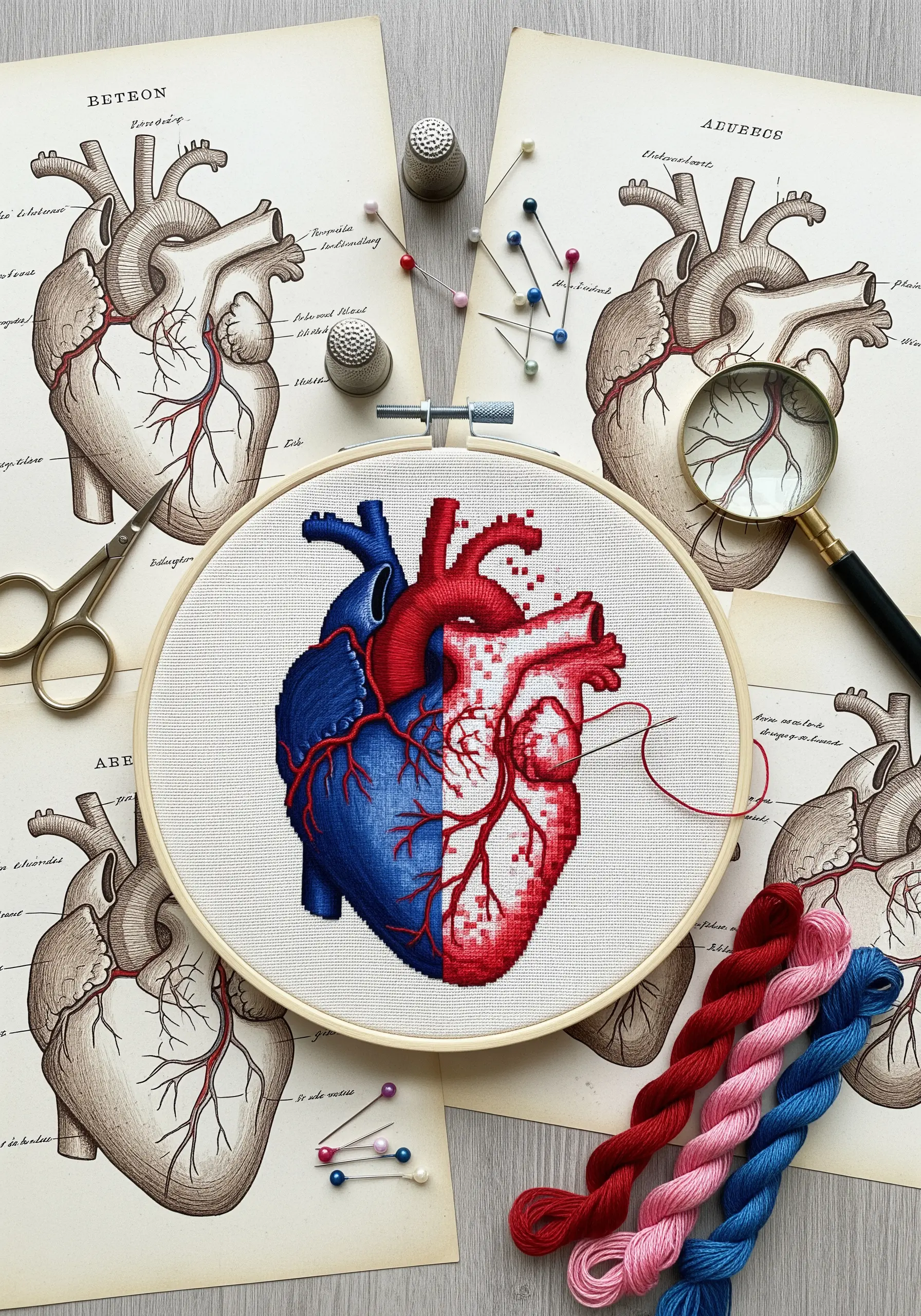 An anatomical heart design created with a red-to-blue cross-stitch pixel gradient.