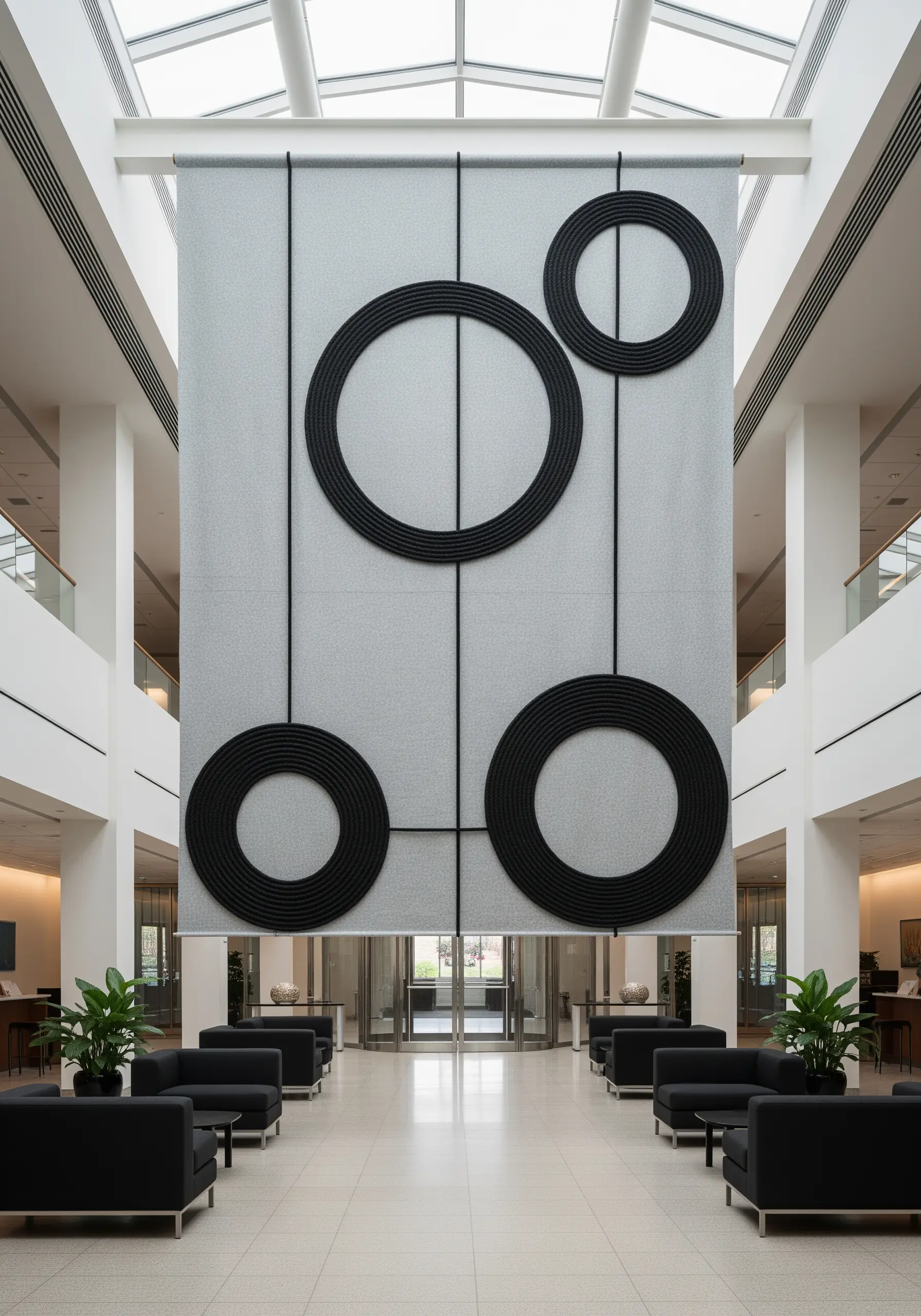 A massive grey fabric wall hanging in a modern lobby, featuring large black concentric circles.