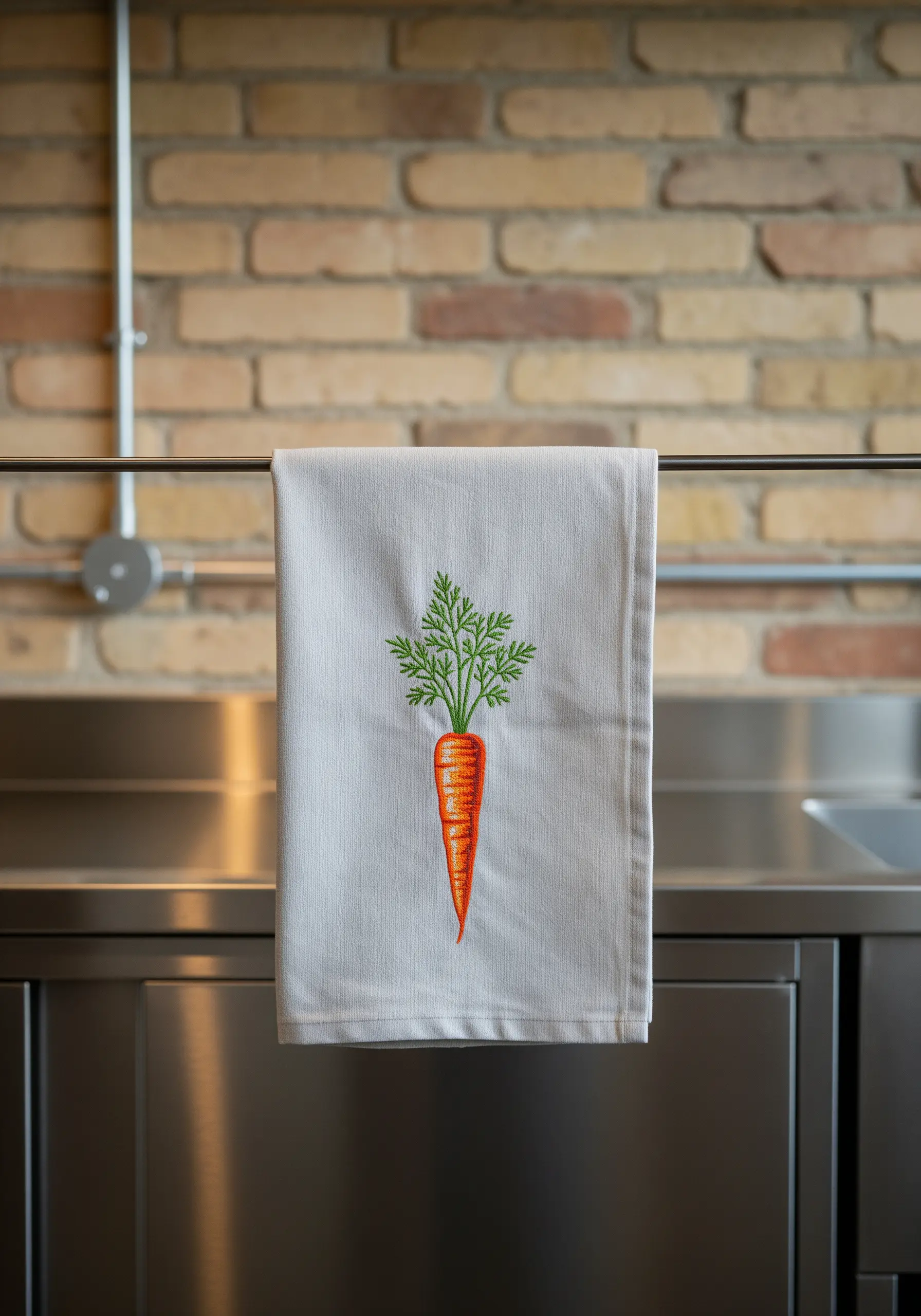 A single embroidered carrot with green leafy tops on a neutral linen kitchen towel.