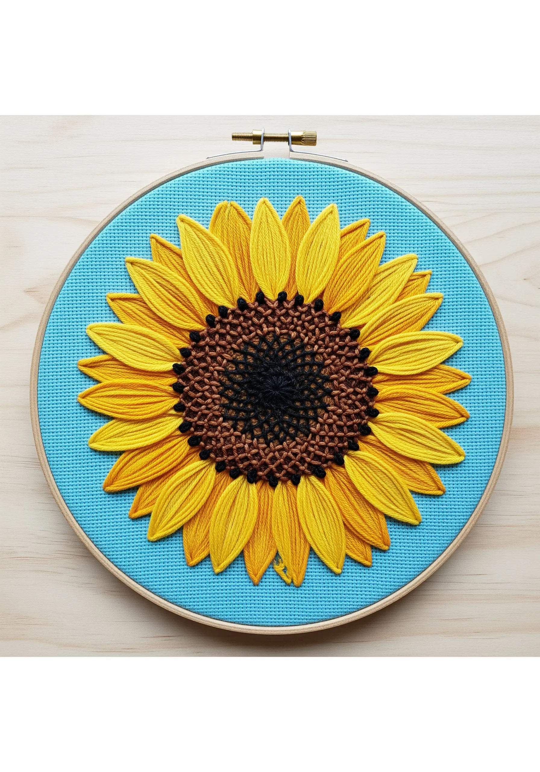 A vibrant sunflower with perfectly aligned satin stitch petals on a bright blue background.