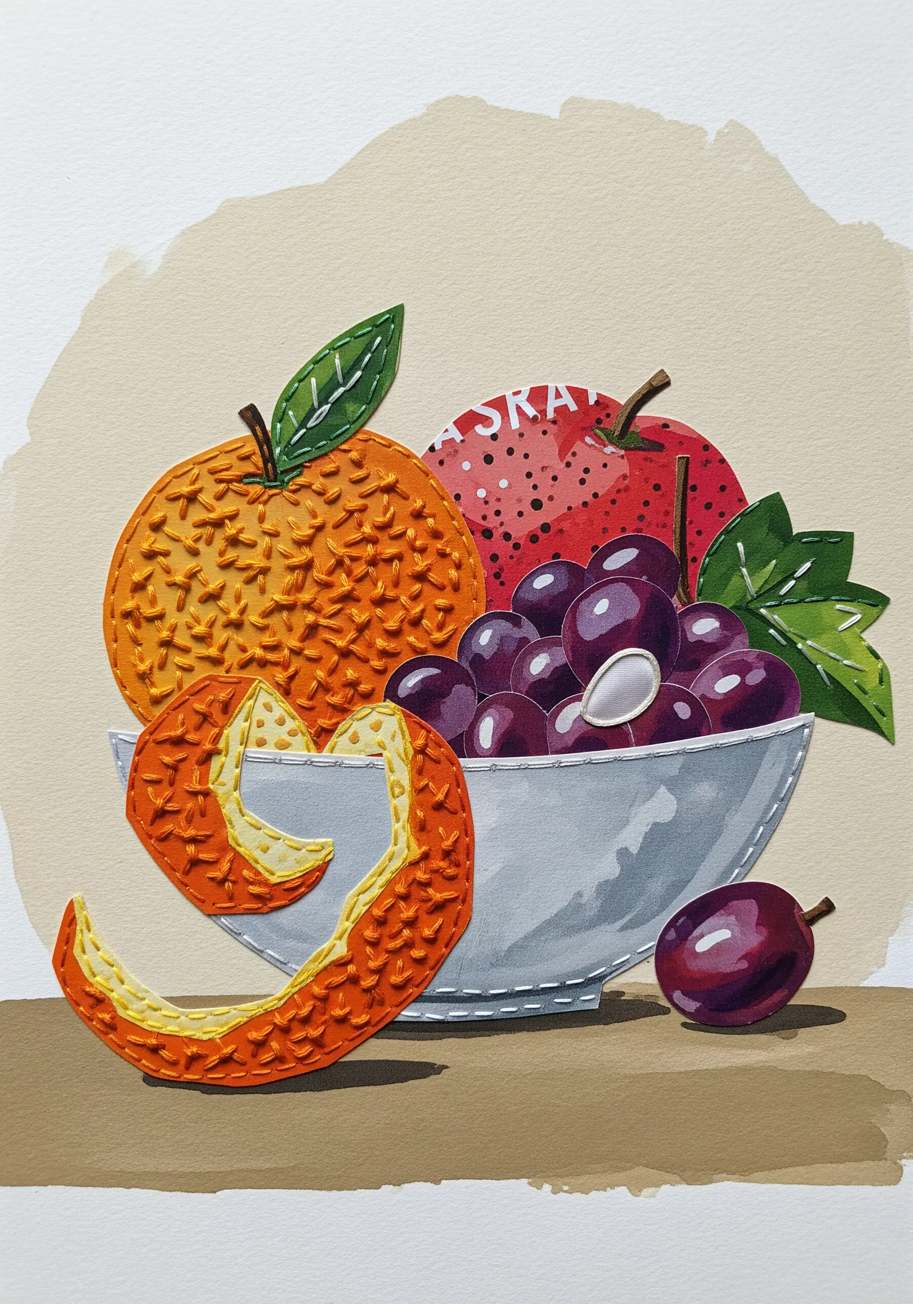 A still life of fruit made from paper cutouts that are filled with dense, textural embroidery.