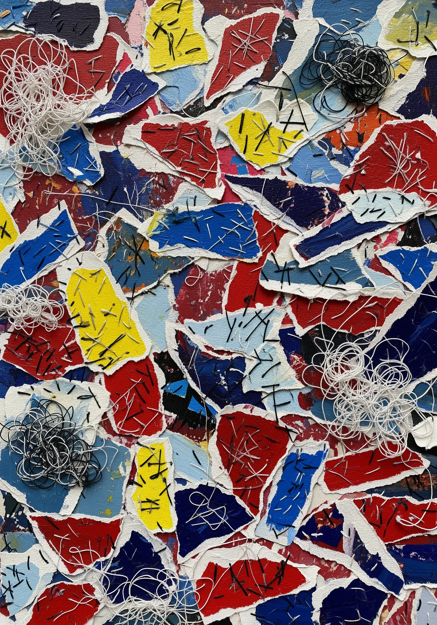An abstract collage of torn red, blue, and yellow paper unified with black and white stitches.