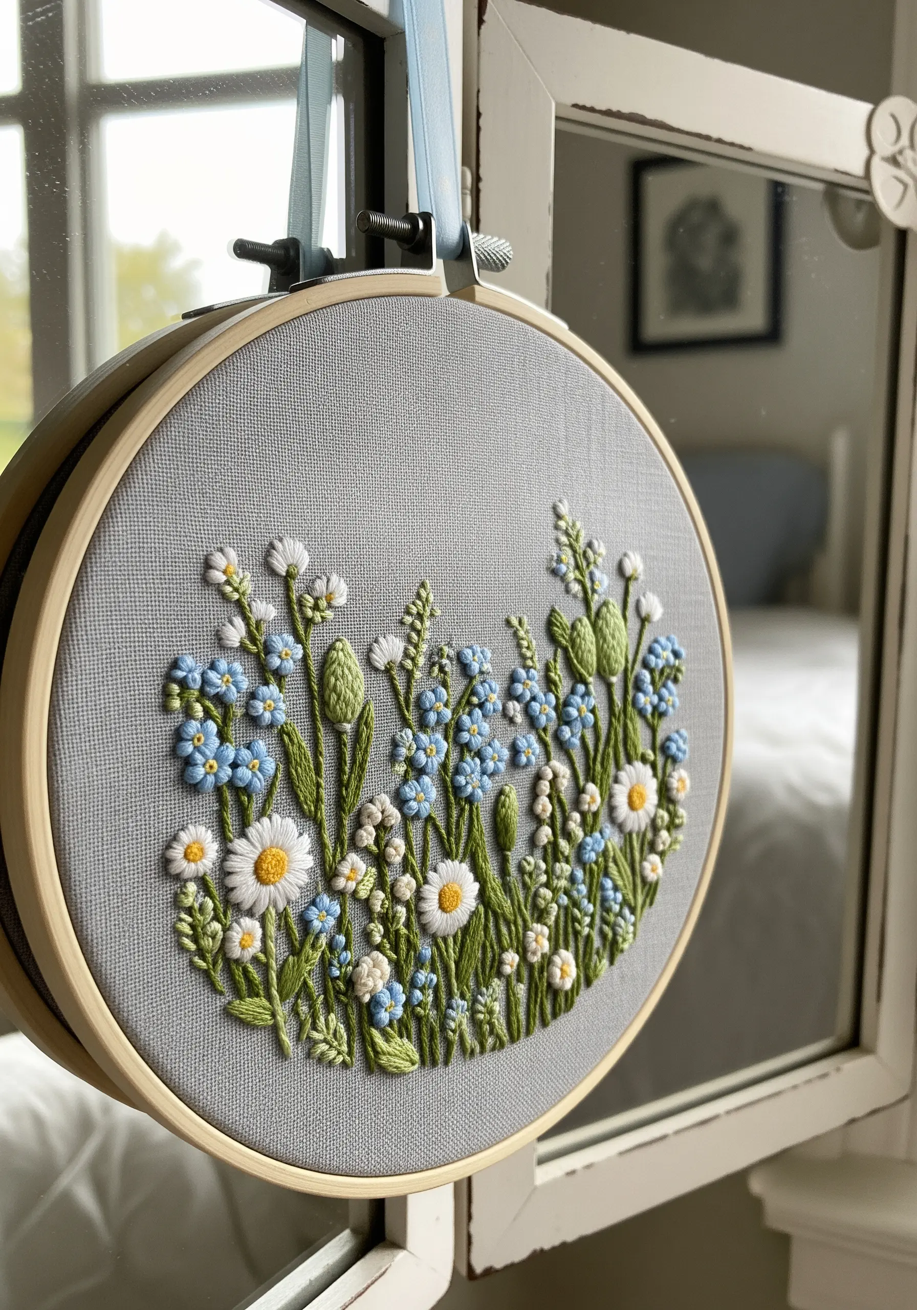 A field of forget-me-nots and daisies embroidered on grey fabric, hanging on a mirror.