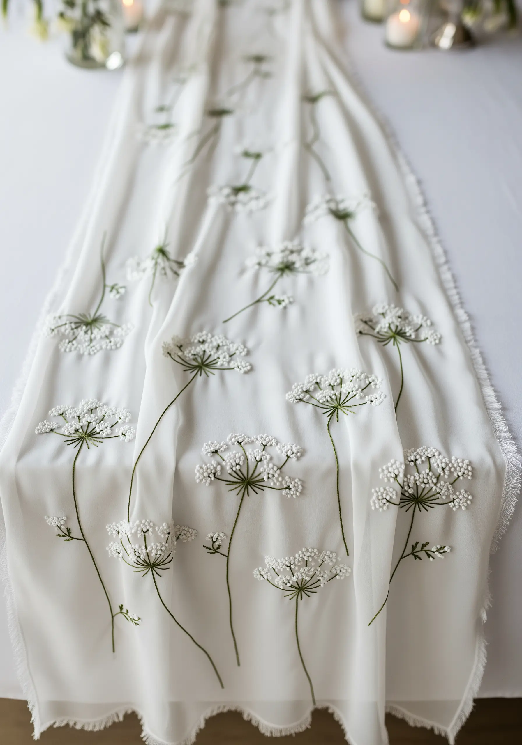 Delicate Queen Anne's Lace embroidered with French knots on a sheer white table runner.