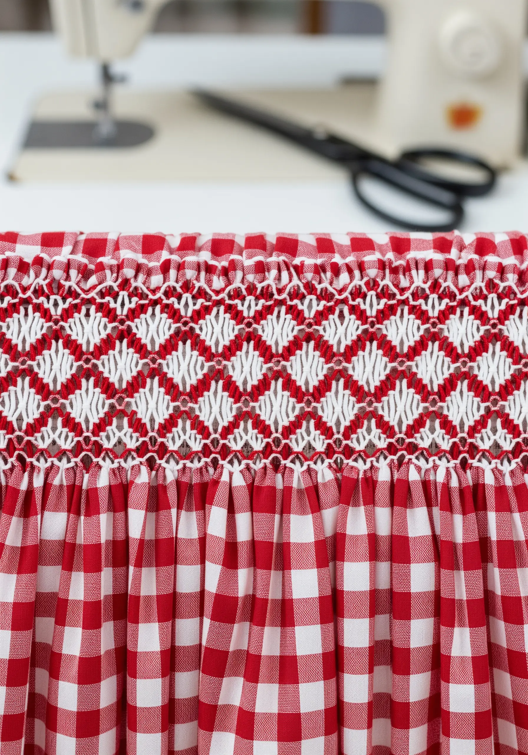 Red and white gingham fabric with decorative smocking