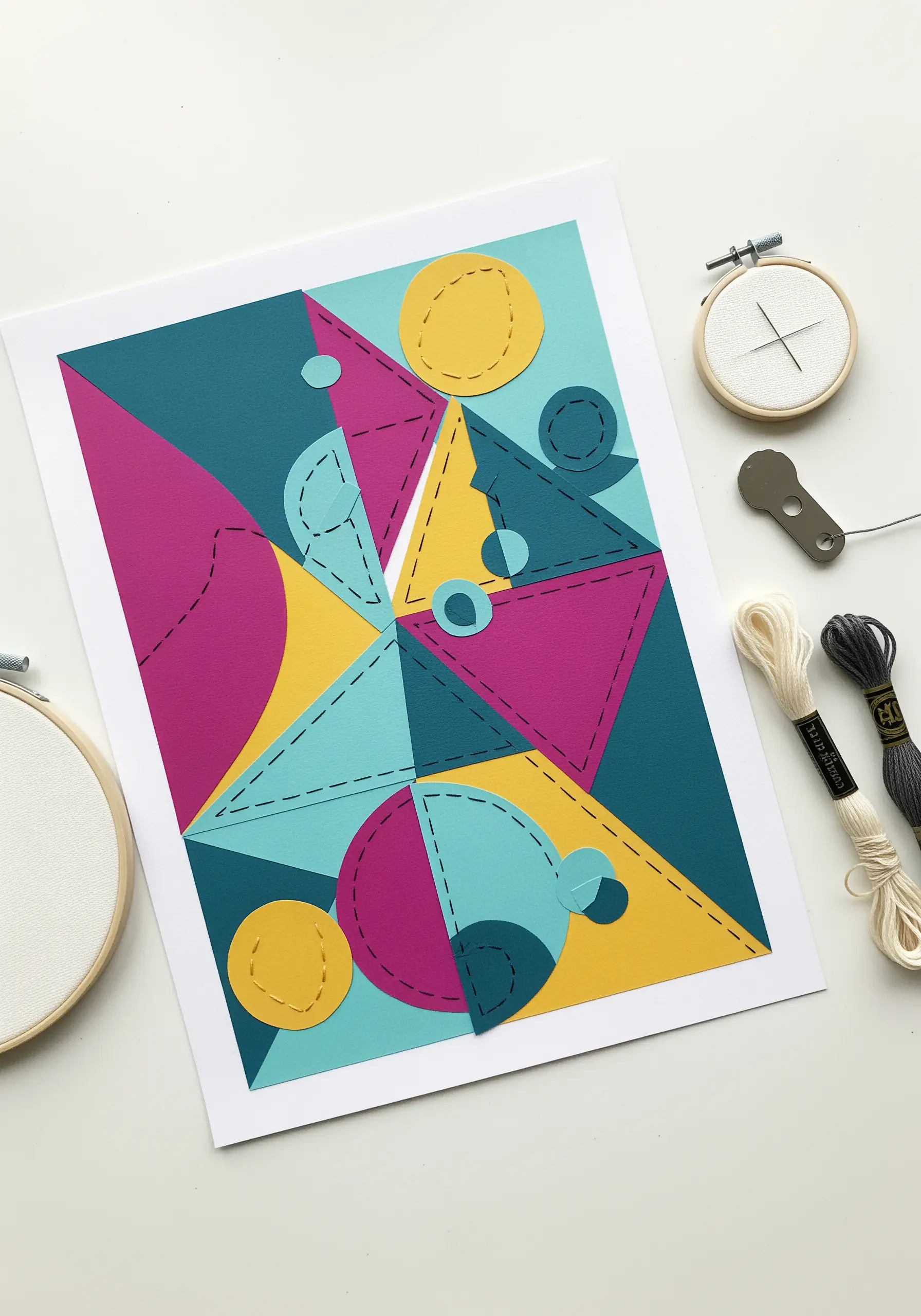 Geometric paper collage with hand-stitched running stitch details connecting shapes.