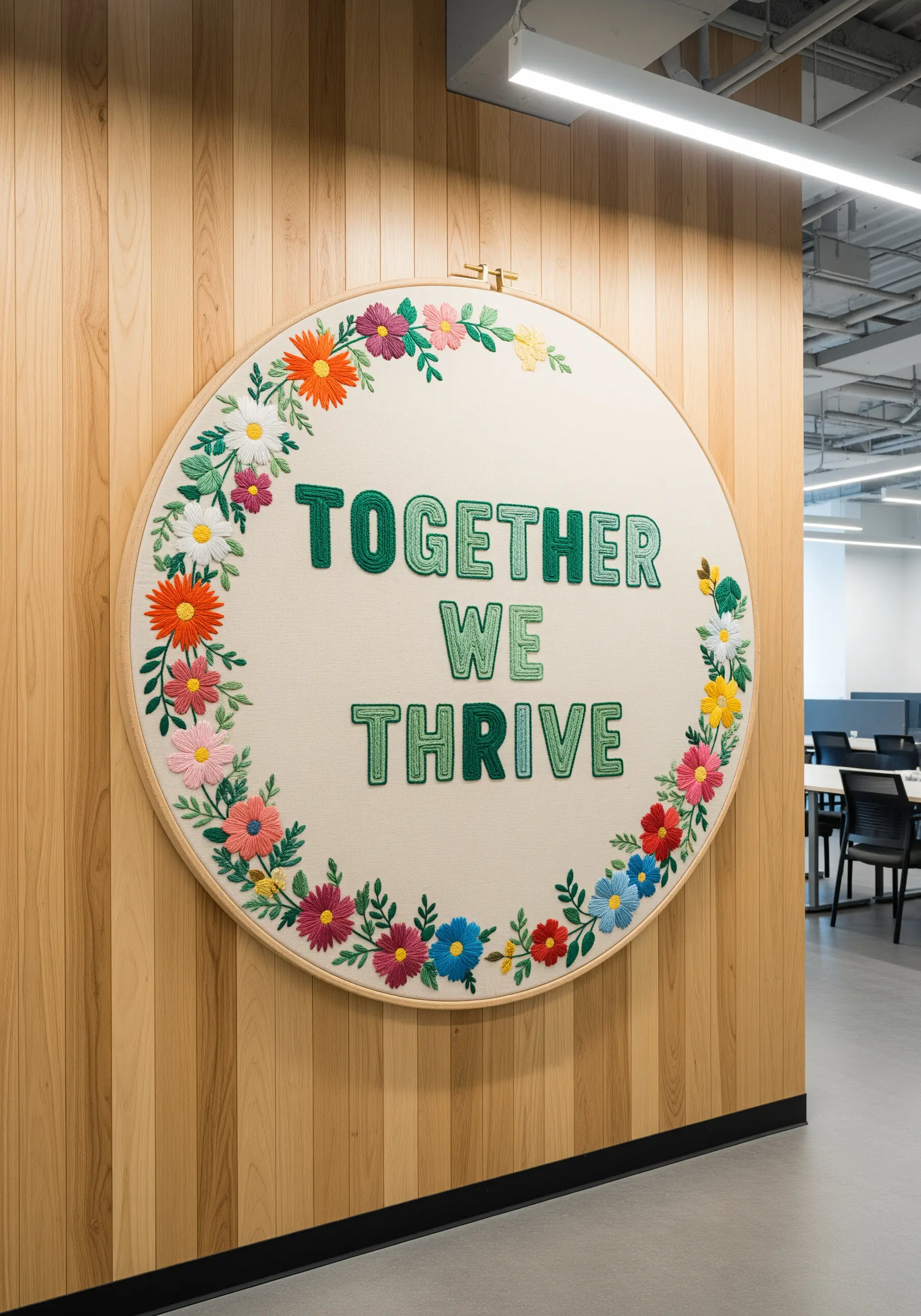 Embroidery with colorful, textured lettering made with a heavy chain stitch.
