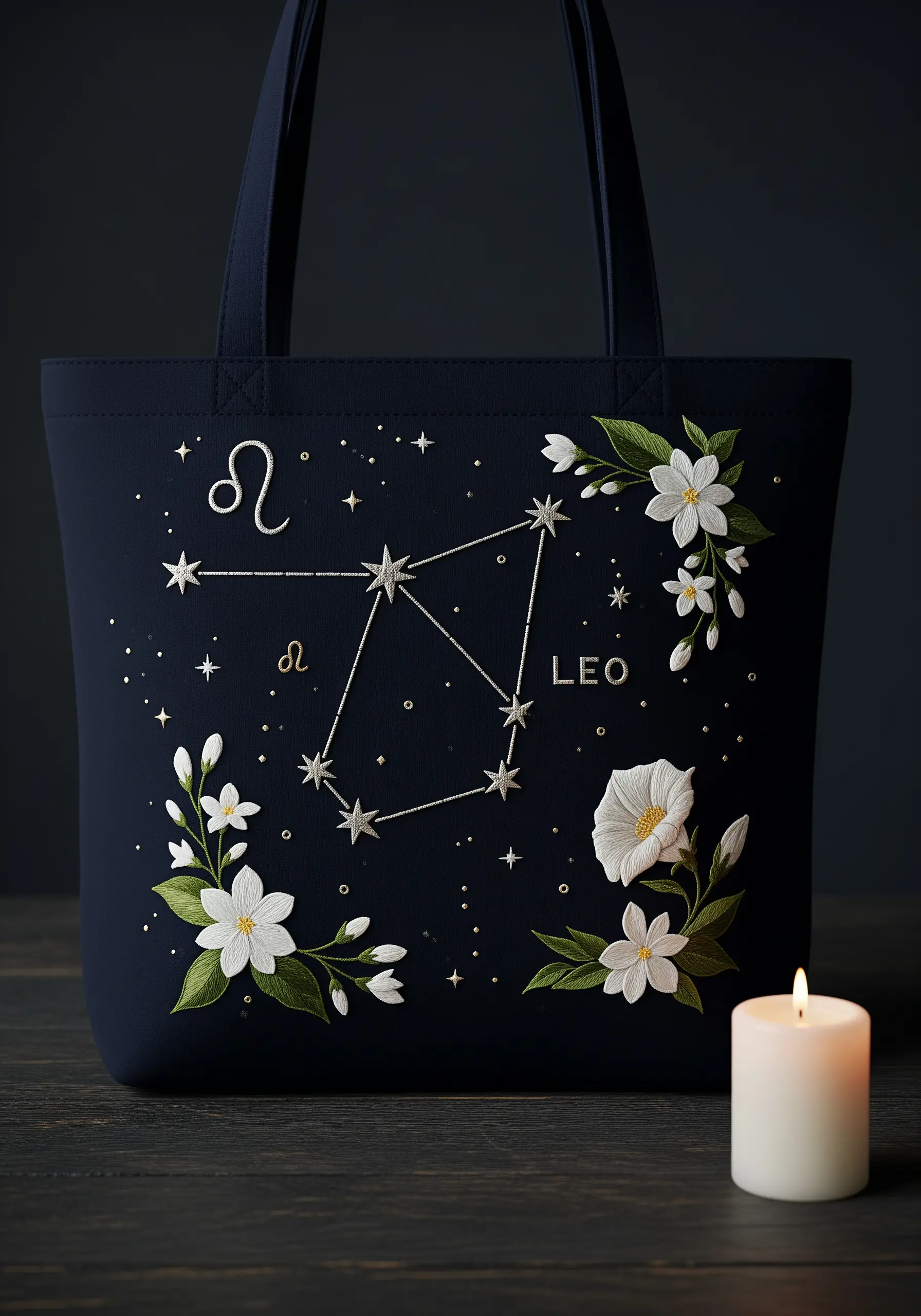 A zodiac constellation and white flowers embroidered on a dark navy tote bag.