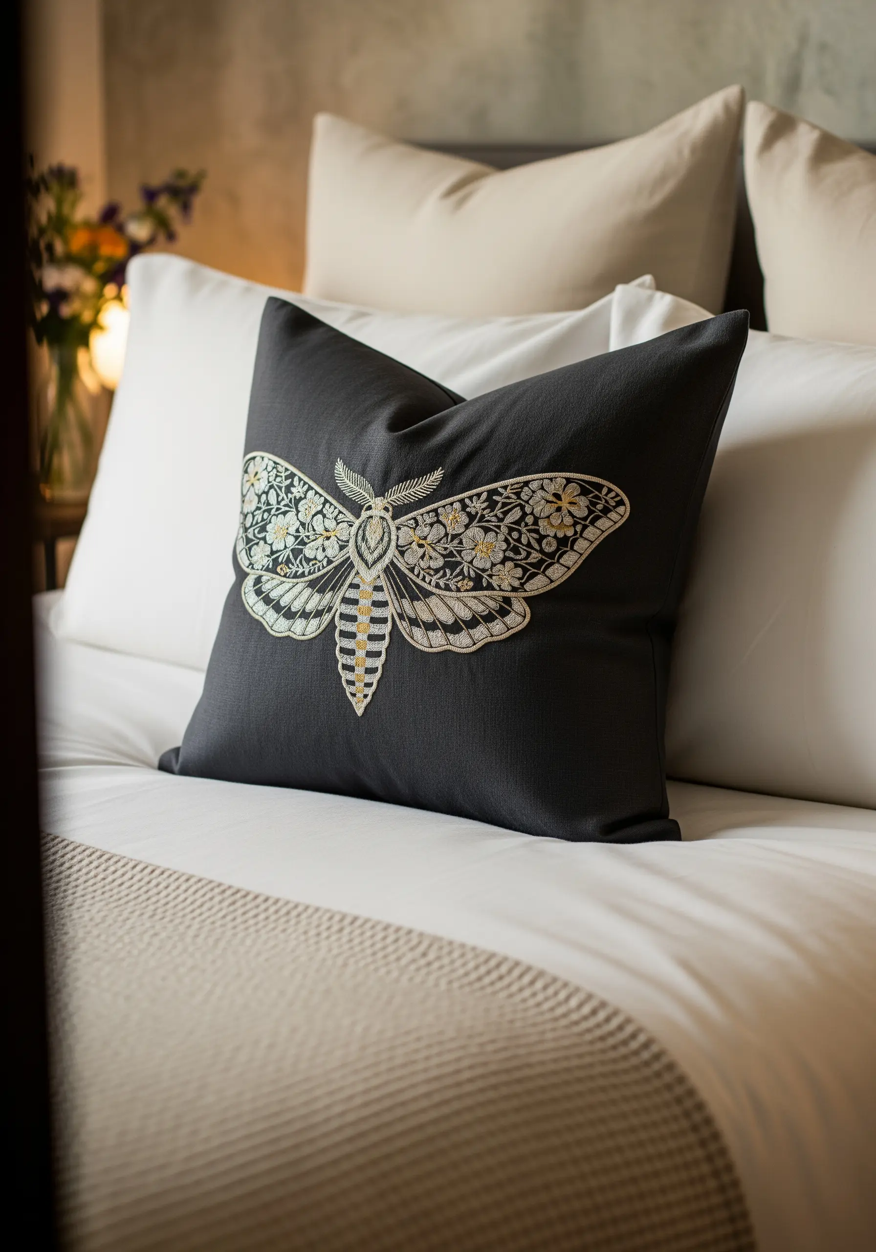 A large, intricately embroidered moth with floral-patterned wings on a dark gray cushion.