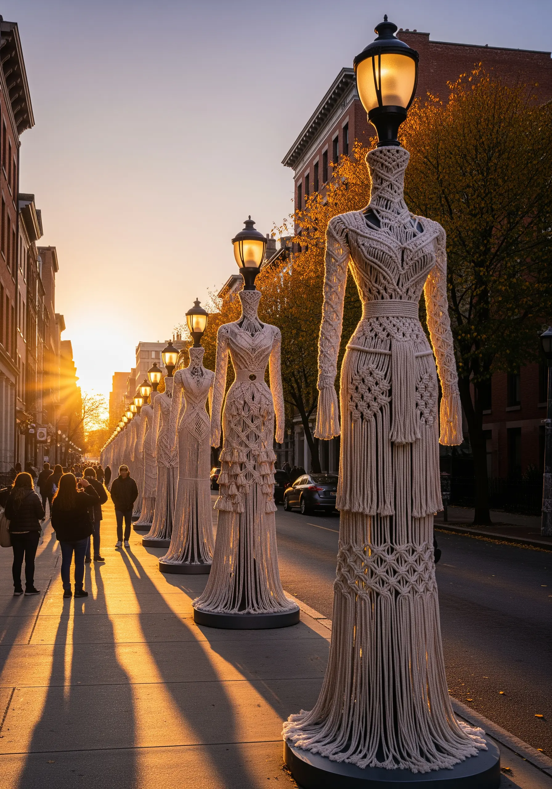 A row of street lamps adorned with life-sized macrame dresses in white cord.