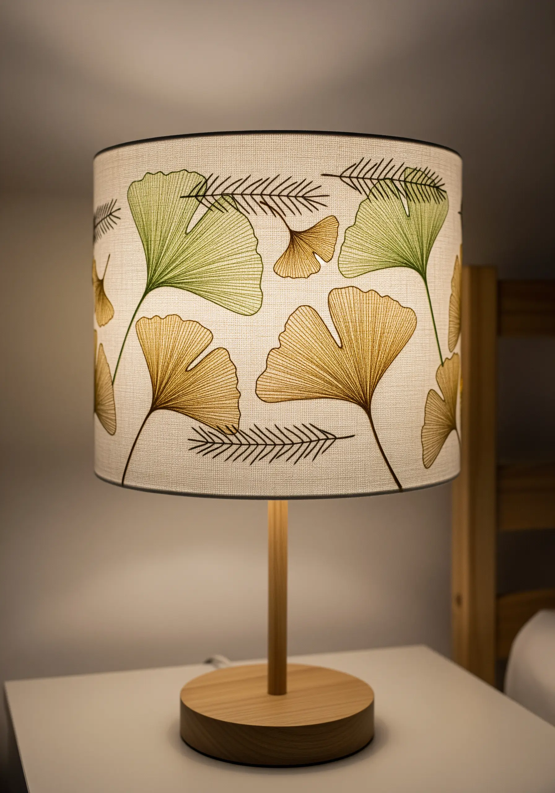 A drum lampshade embroidered with minimalist line art of ginkgo leaves in green and gold.