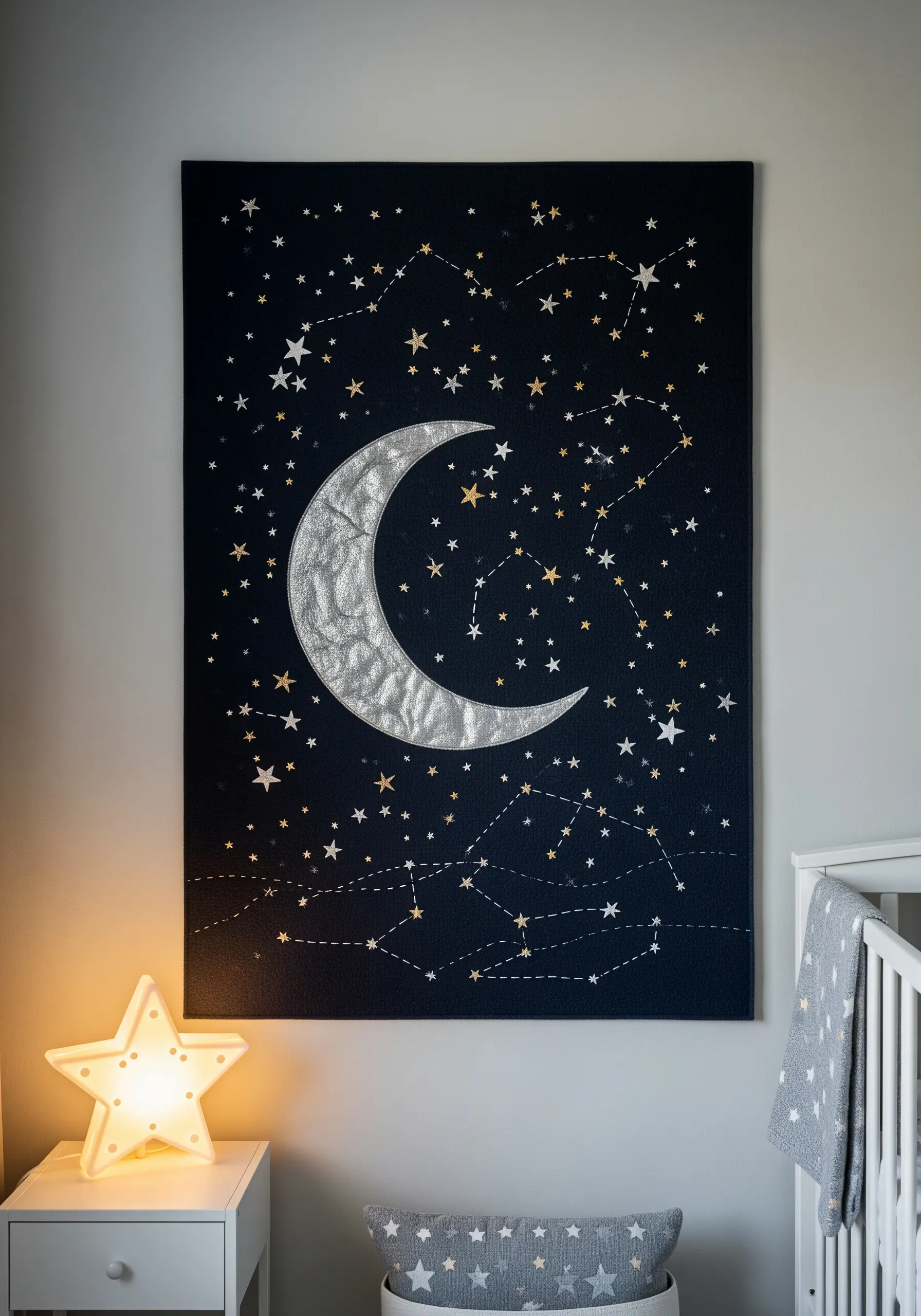 A large wall hanging of a starry night sky with a metallic silver appliqué moon.
