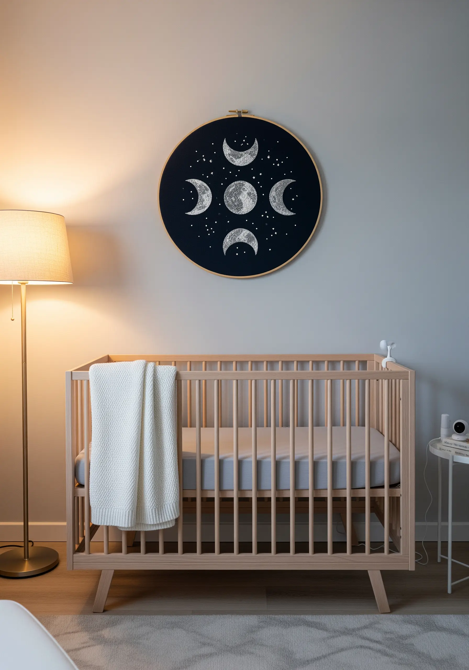 A hoop embroidery of the phases of the moon, stitched with textured silver thread on black fabric.