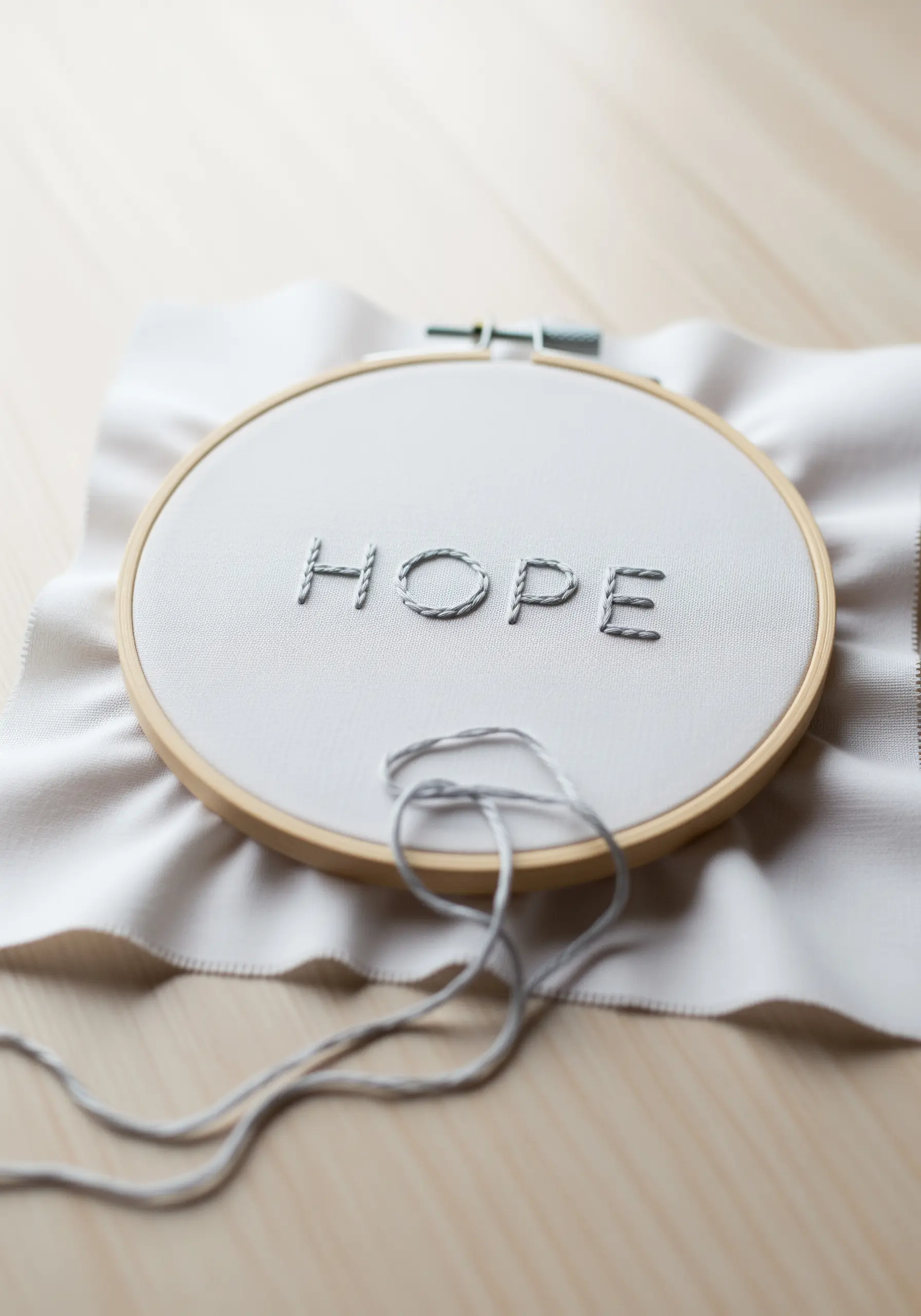 The word 'HOPE' in spaced grey satin stitches on white fabric.