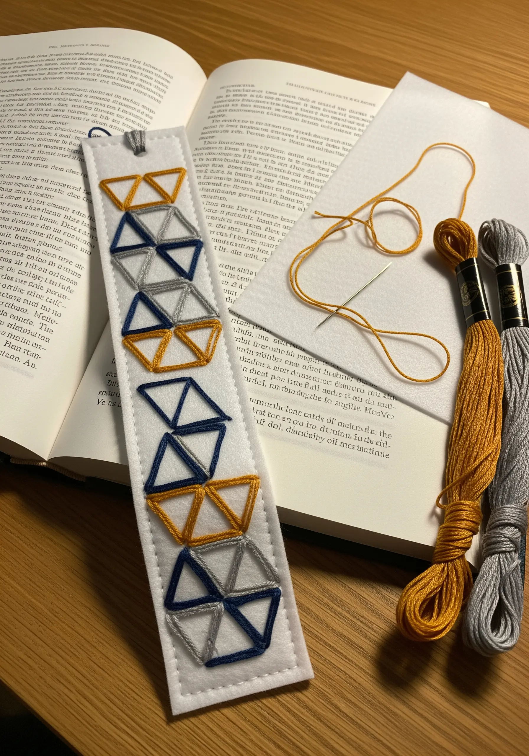 Geometric triangle patterns in navy, gold, and grey thread on a white felt bookmark.