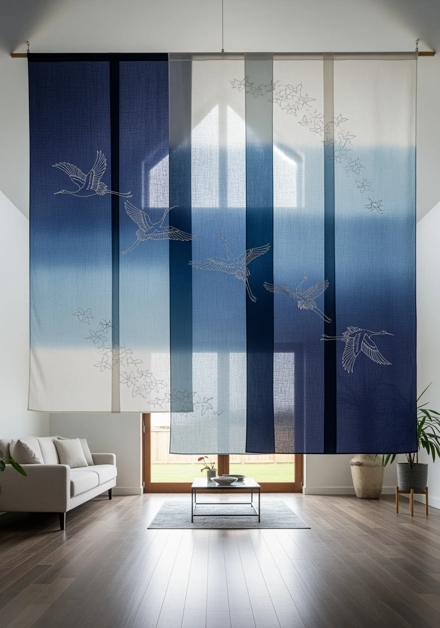Sheer blue and white fabric panels with delicate line-art embroidery of flying cranes.
