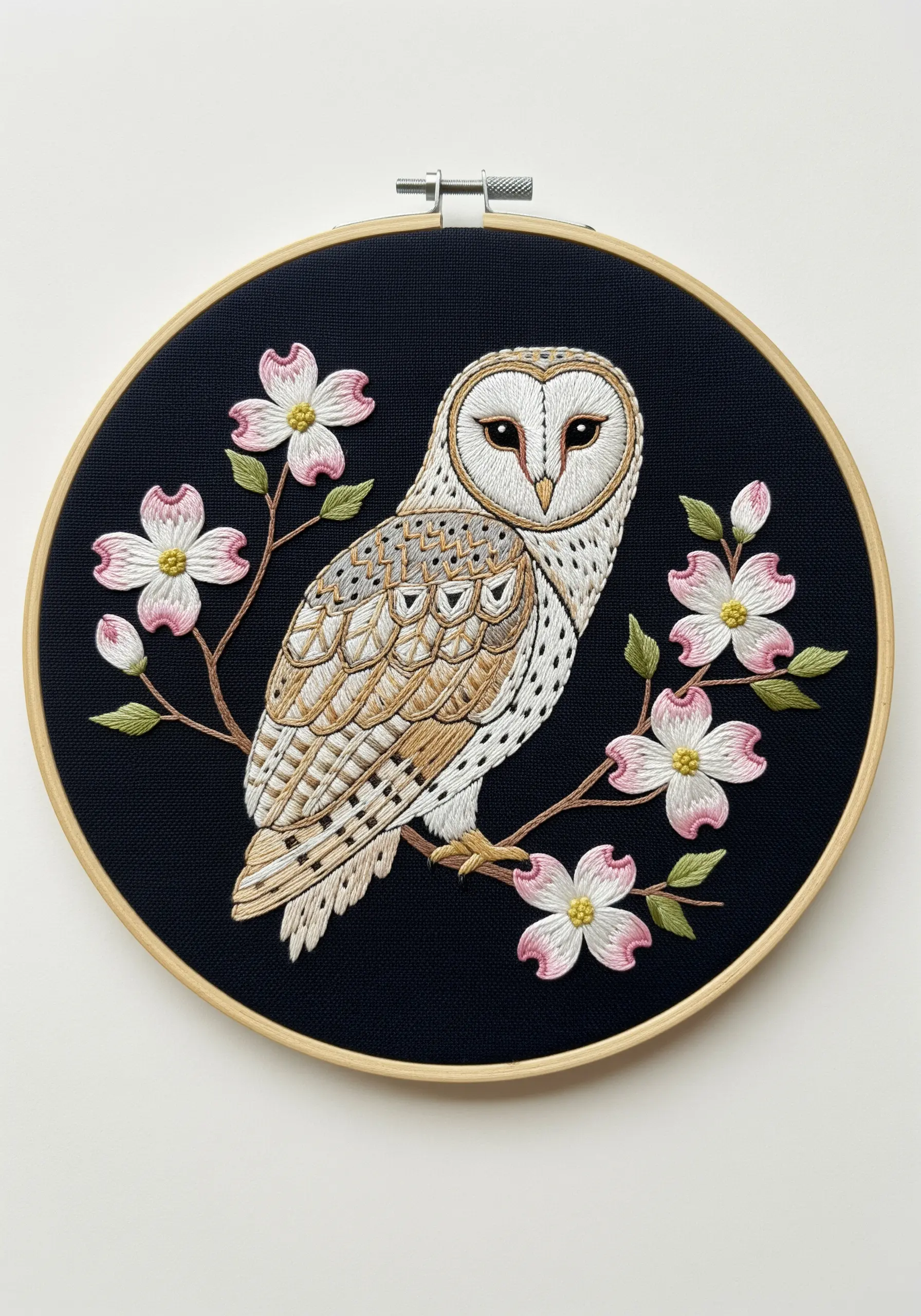A barn owl with intricate feather patterns embroidered on black fabric, surrounded by pink flowers.