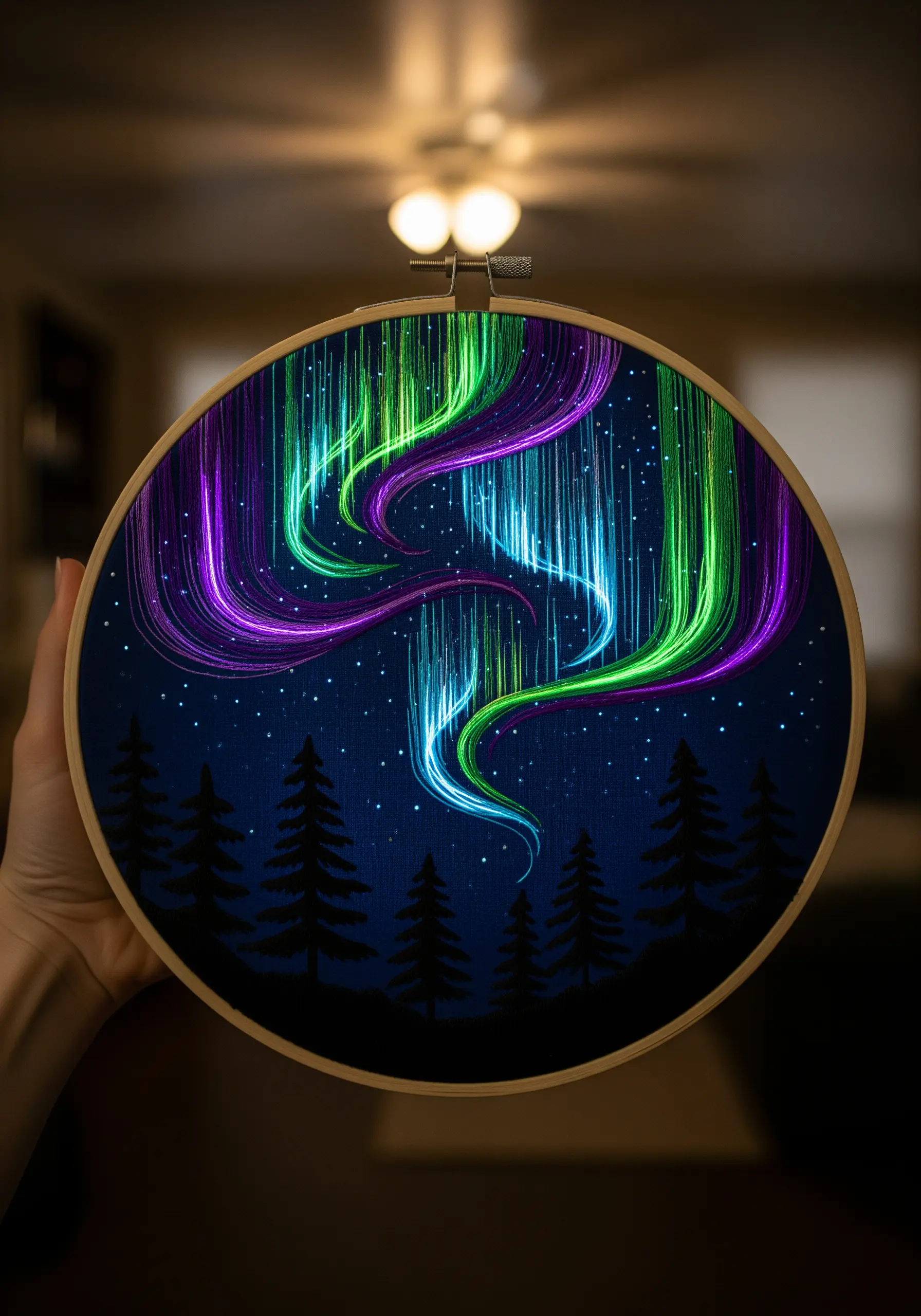 Northern lights embroidery on dark blue fabric