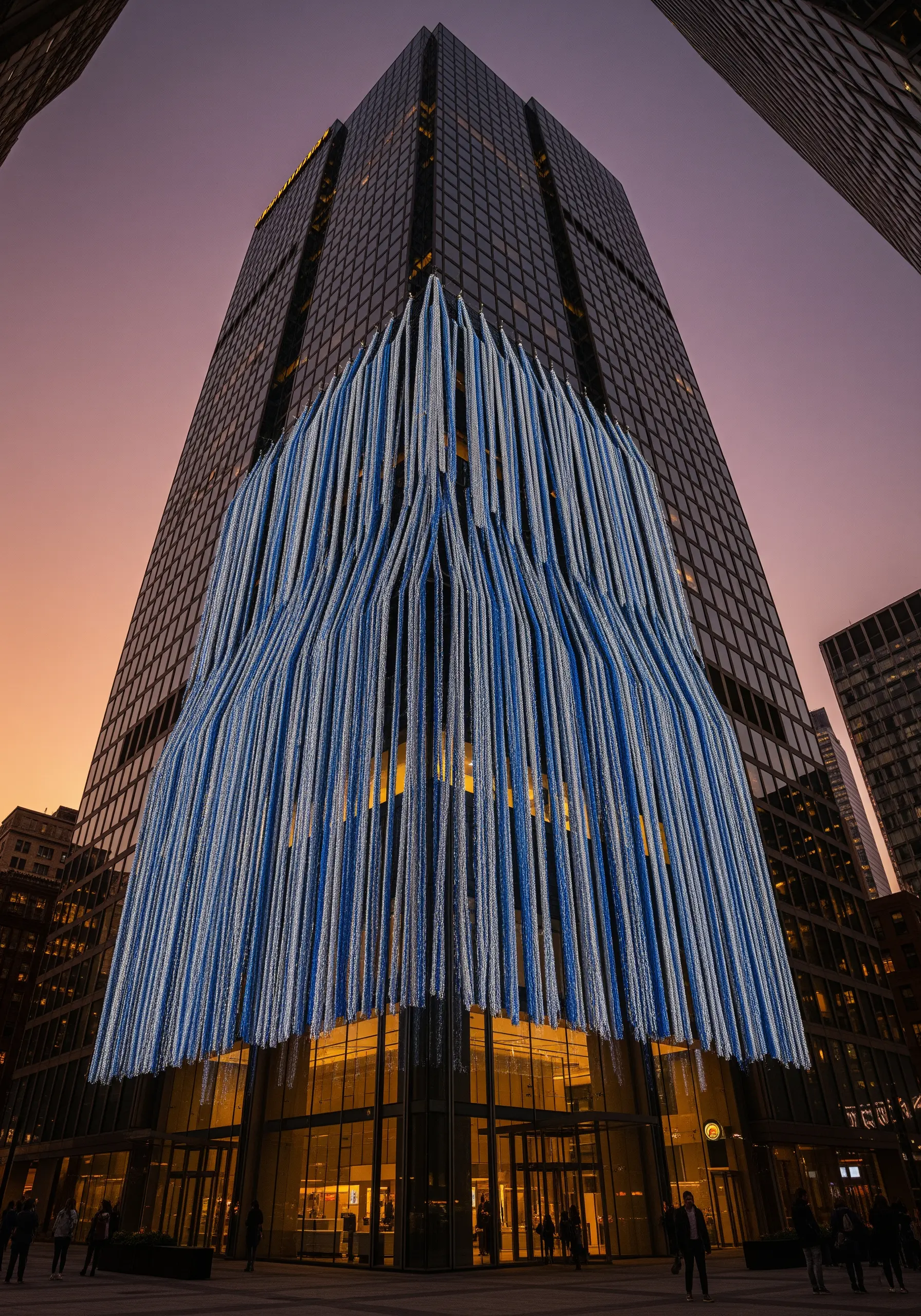 Blue and white threads stretched vertically over the corner of a modern skyscraper.