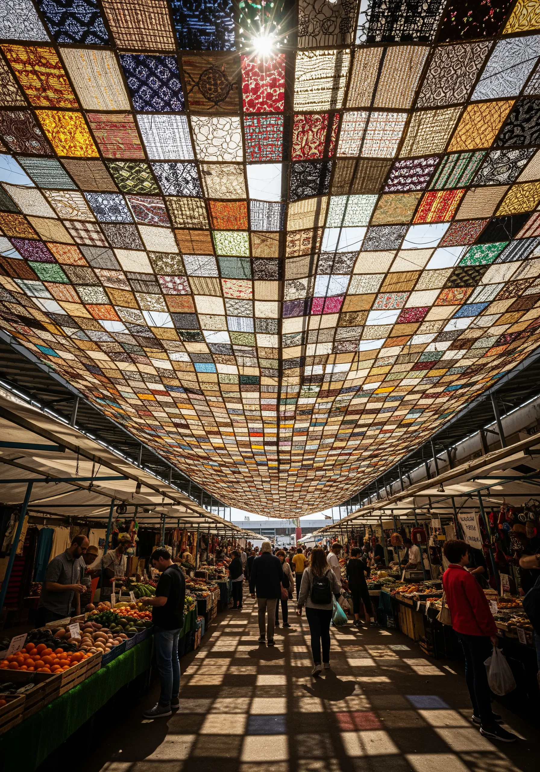 A market street covered by a massive canopy made of hundreds of patchwork lace doilies.