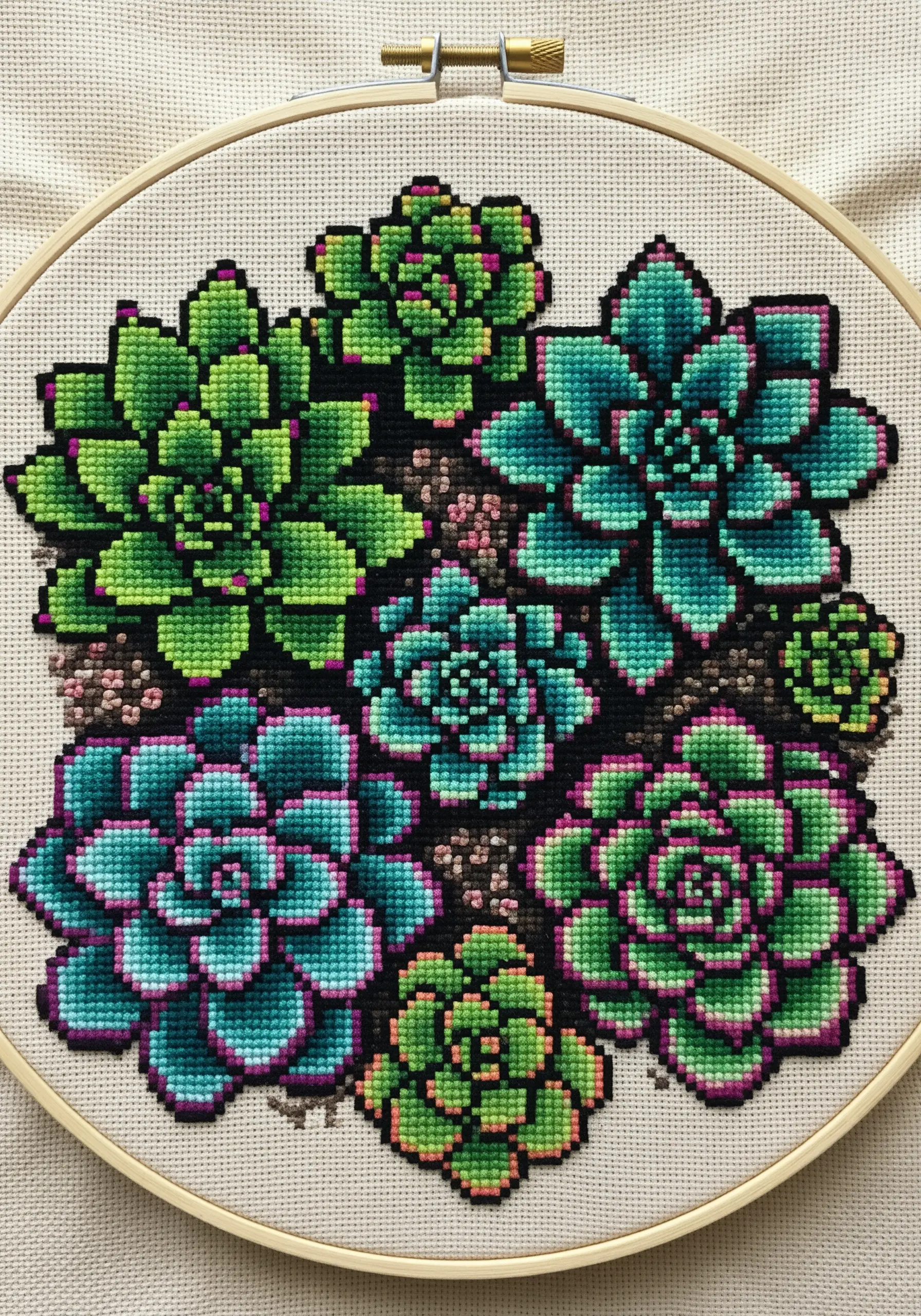 A cluster of cross-stitched succulents with vibrant green and blue pixelated shading.