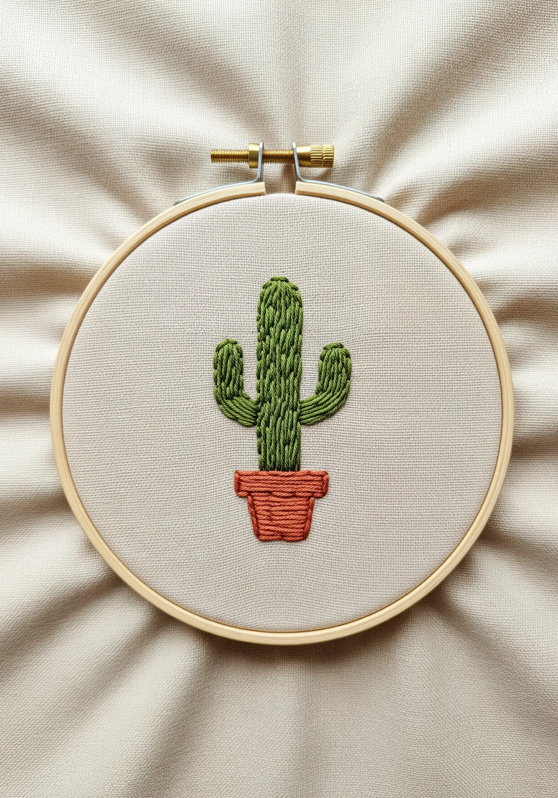 A potted cactus embroidered with raised stitches to create a ribbed texture.