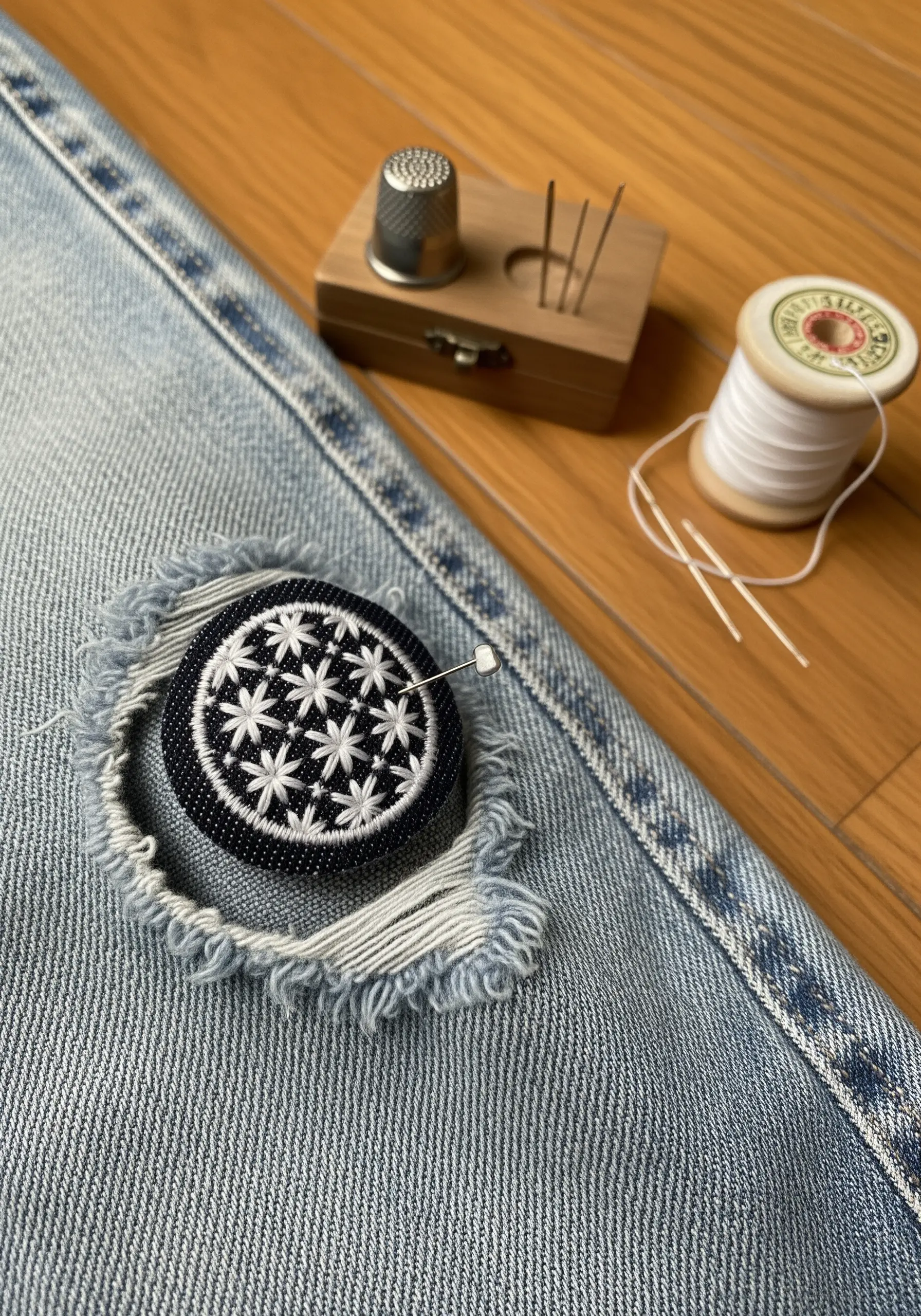 A circular Sashiko-inspired embroidered patch with a white geometric pattern on dark fabric, mending a pair of jeans.