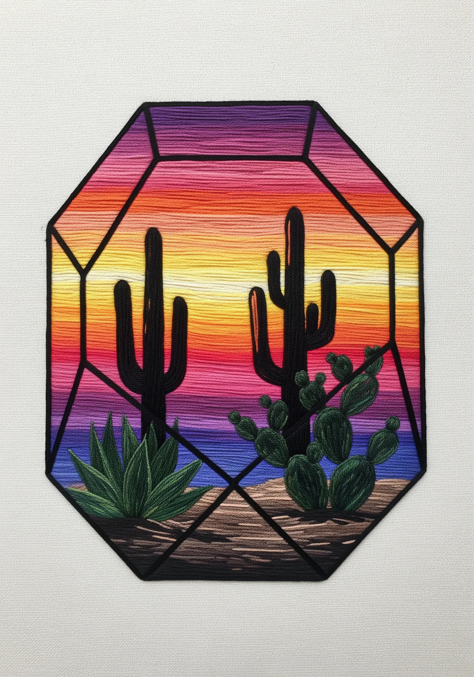 Cactus silhouettes inside a geometric terrarium against a satin-stitched sunset background