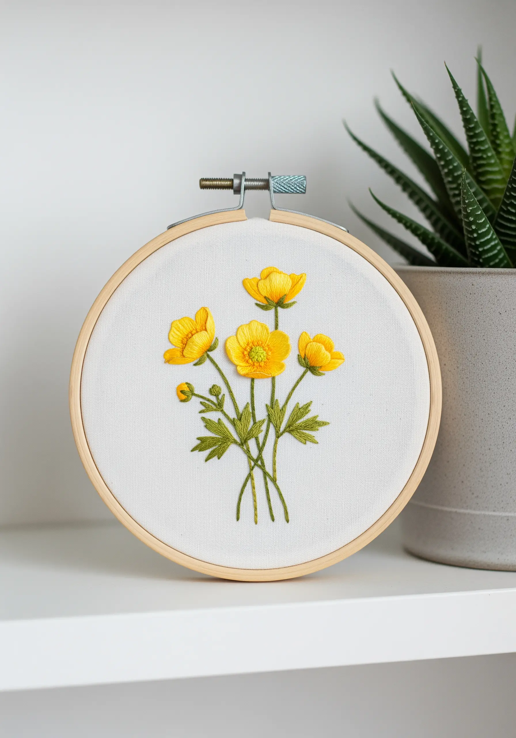 Small yellow buttercups embroidered with a smooth, high-sheen satin stitch on white fabric.
