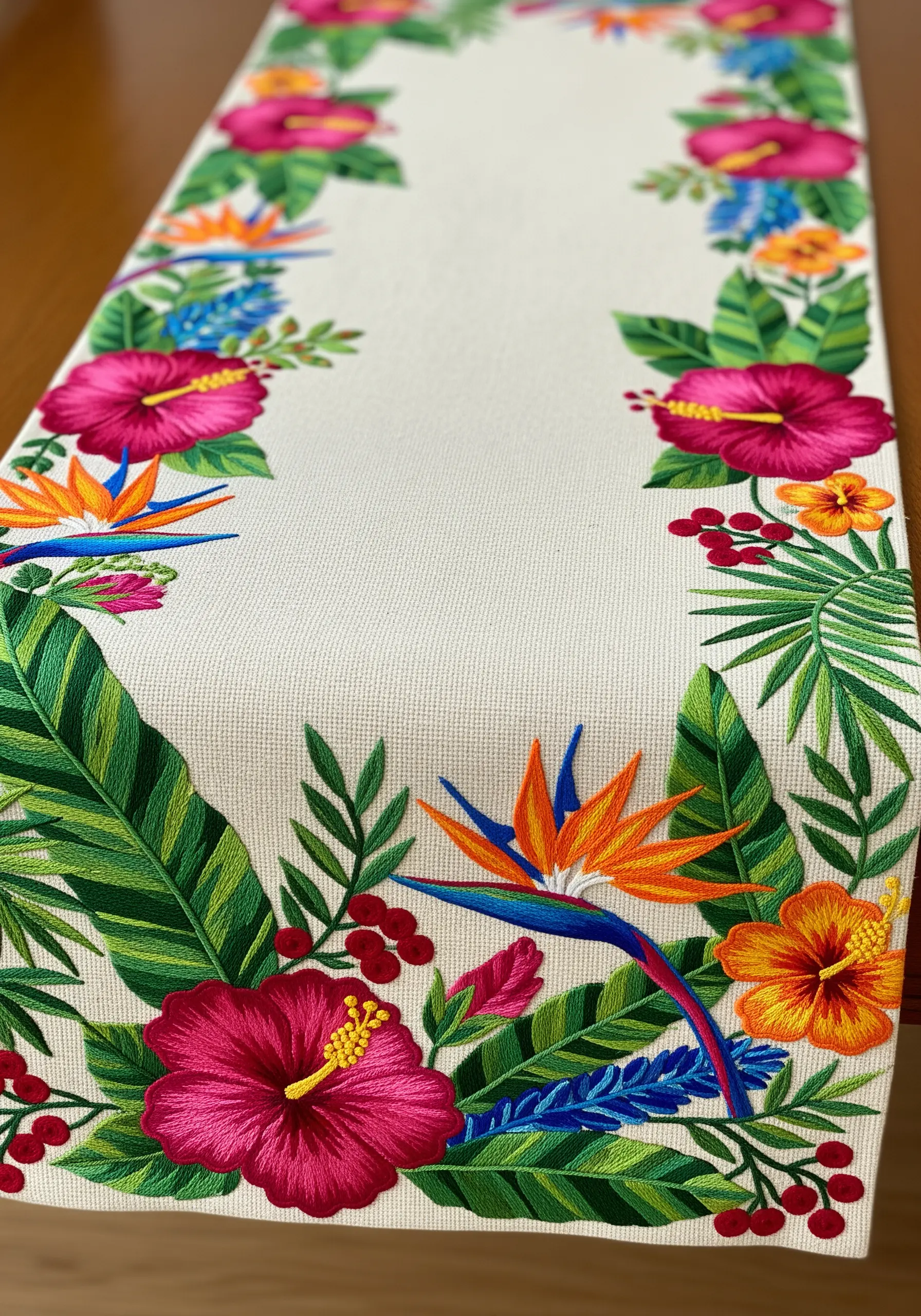 A vibrant tropical border with hibiscus flowers and palm leaves on a table runner.