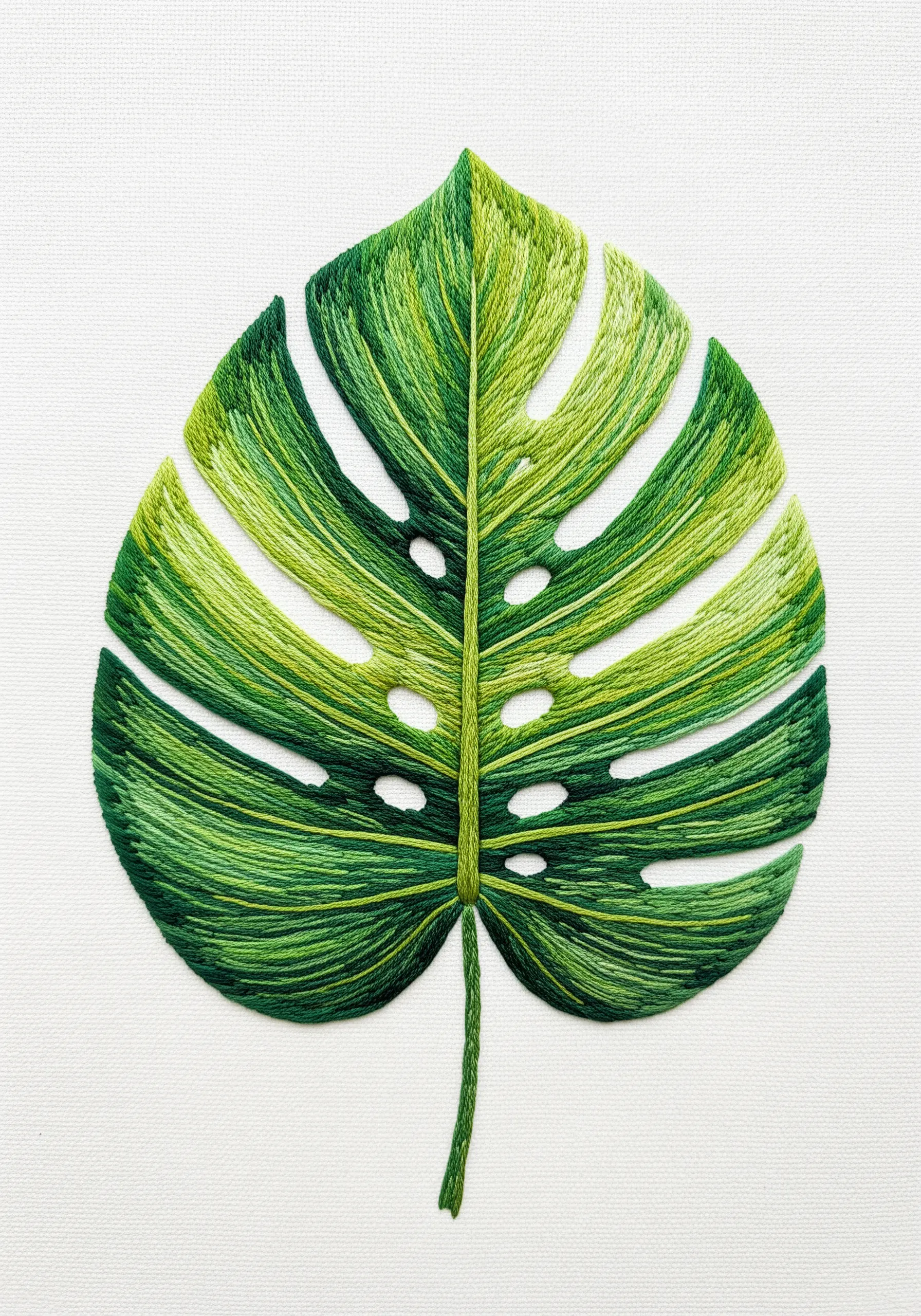 A modern, graphic embroidered monstera leaf with sections of different green satin stitches.