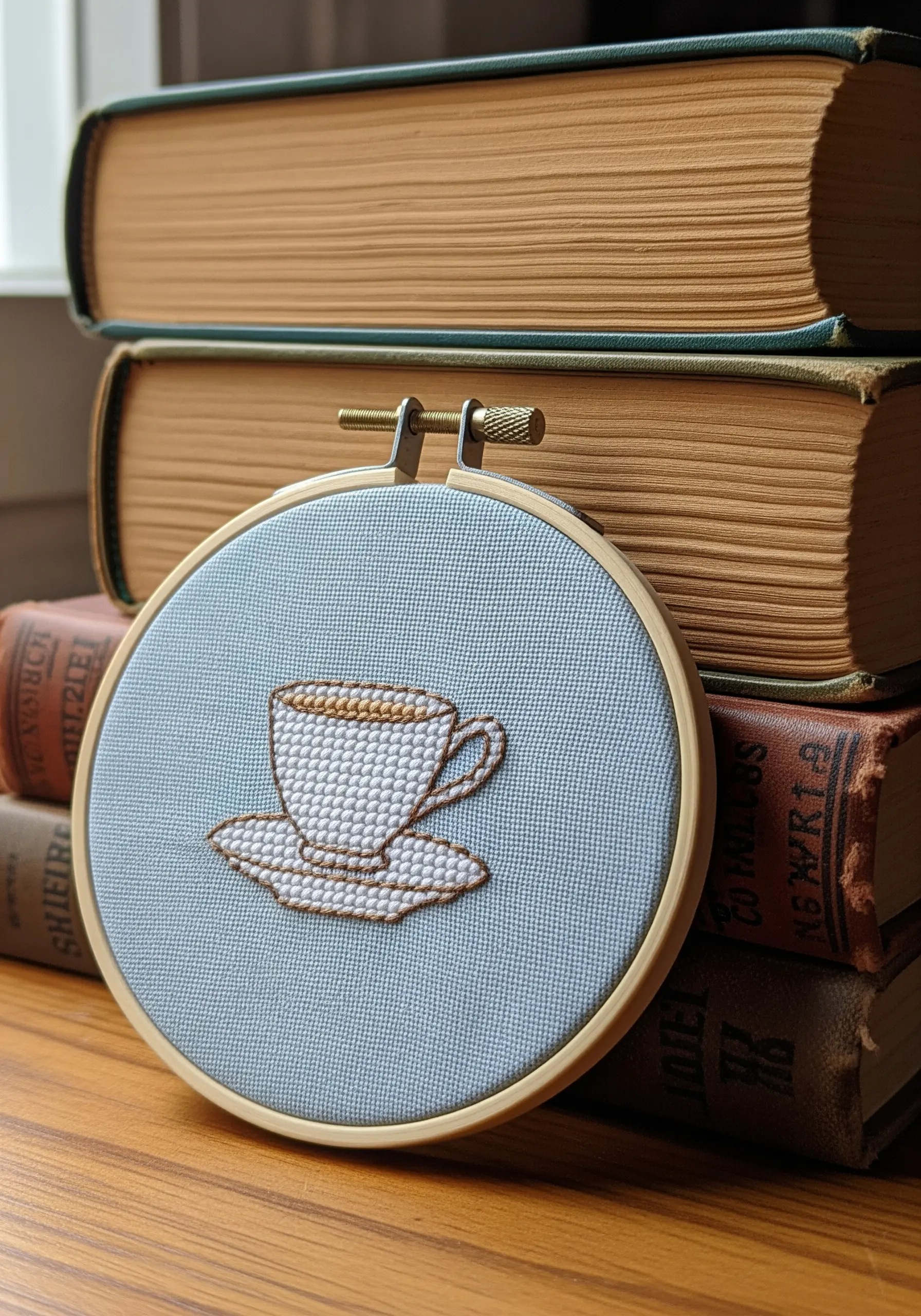 A small teacup and saucer filled with white seed stitch and outlined in gold.