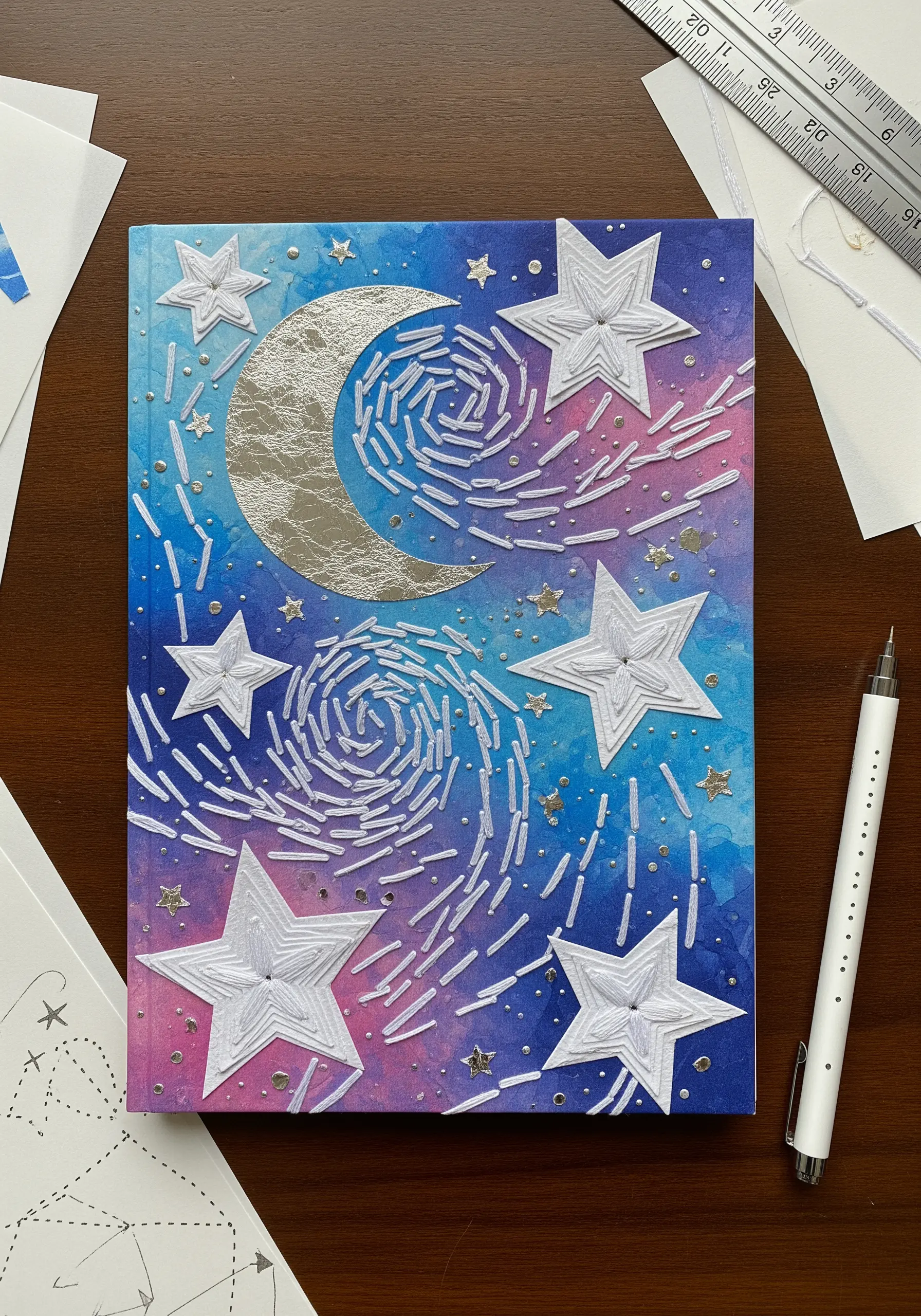 Celestial journal cover with a silver foil moon and stars made from wrapped white thread.