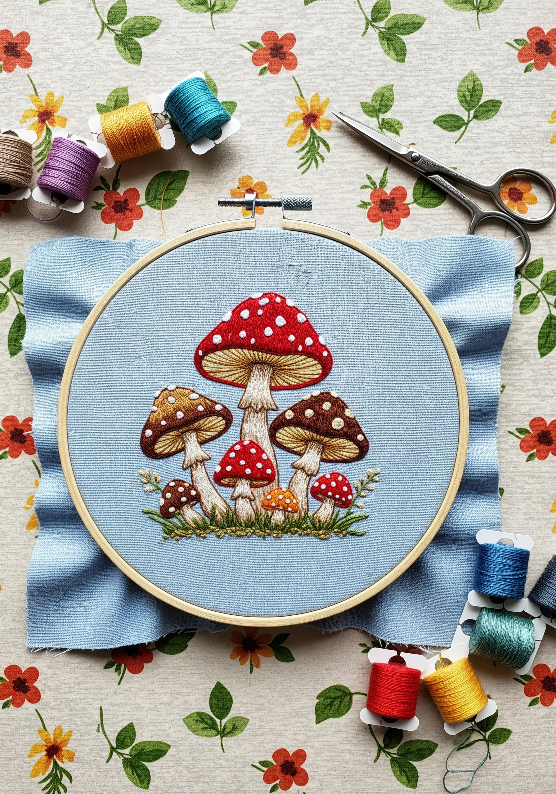 A cluster of embroidered mushrooms with detailed shading and white spots