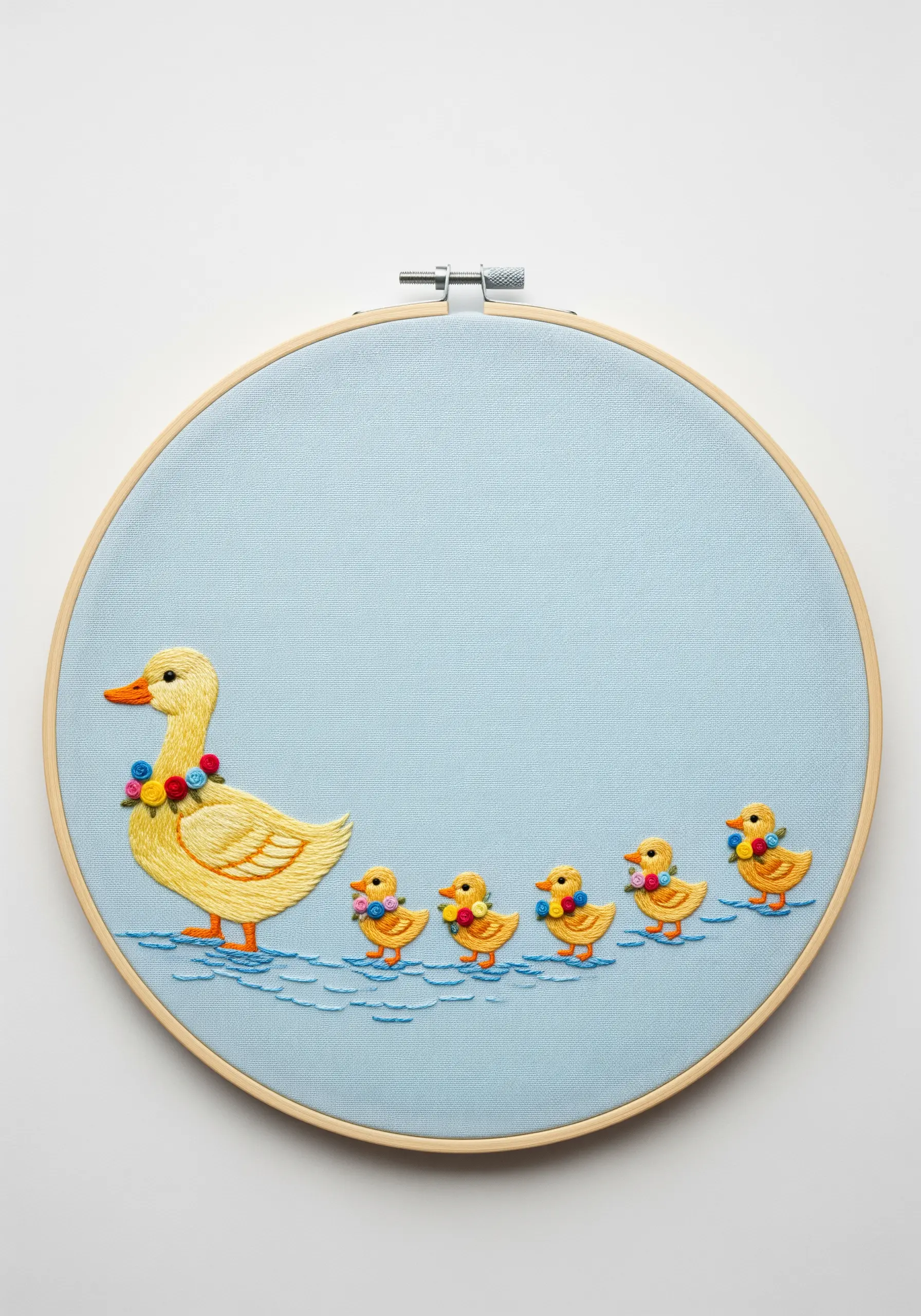 A yellow mother duck and her ducklings embroidered in a line using simple satin stitch.