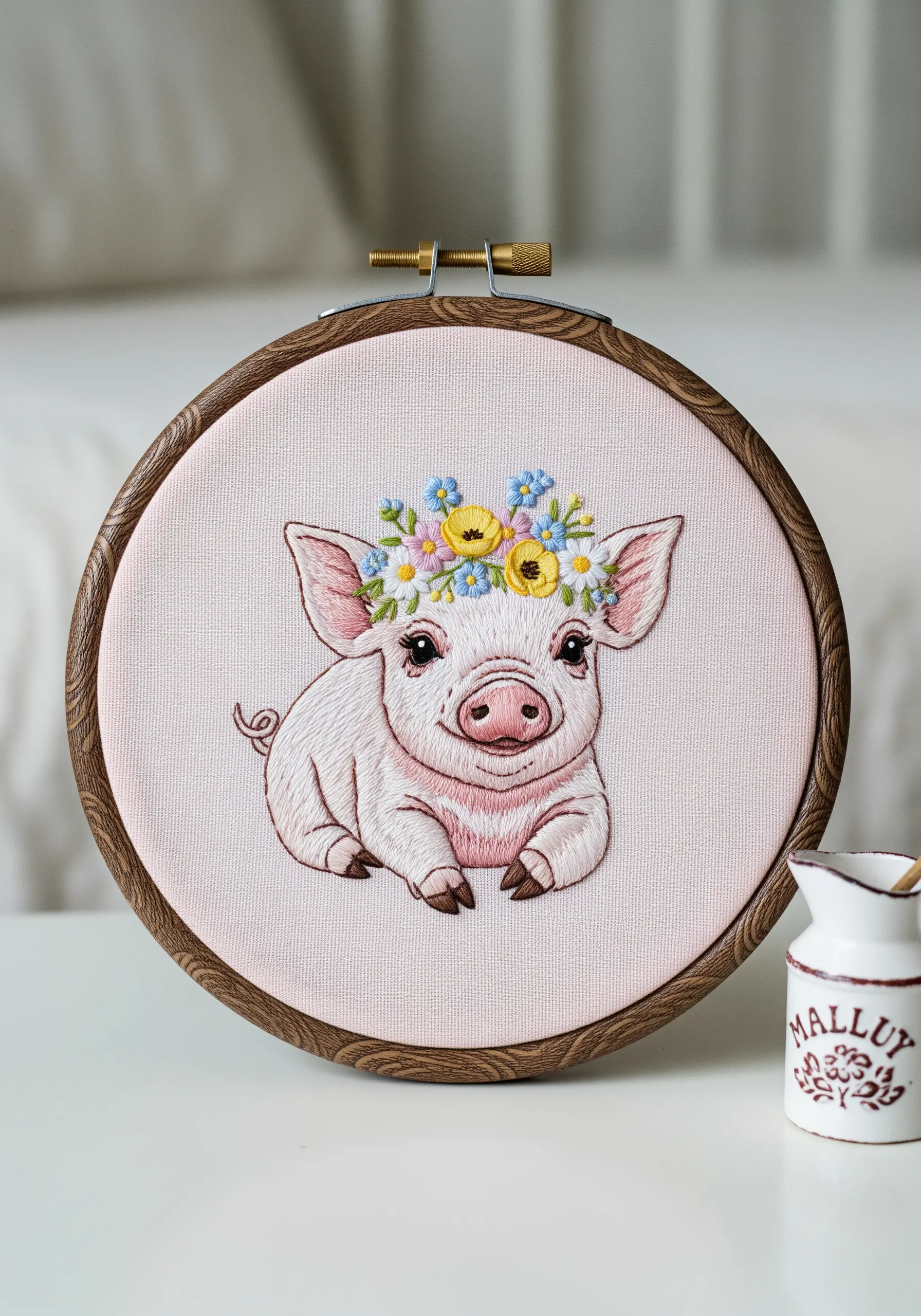 A delicately thread-painted piglet with a tiny floral crown, stitched with single-strand floss.