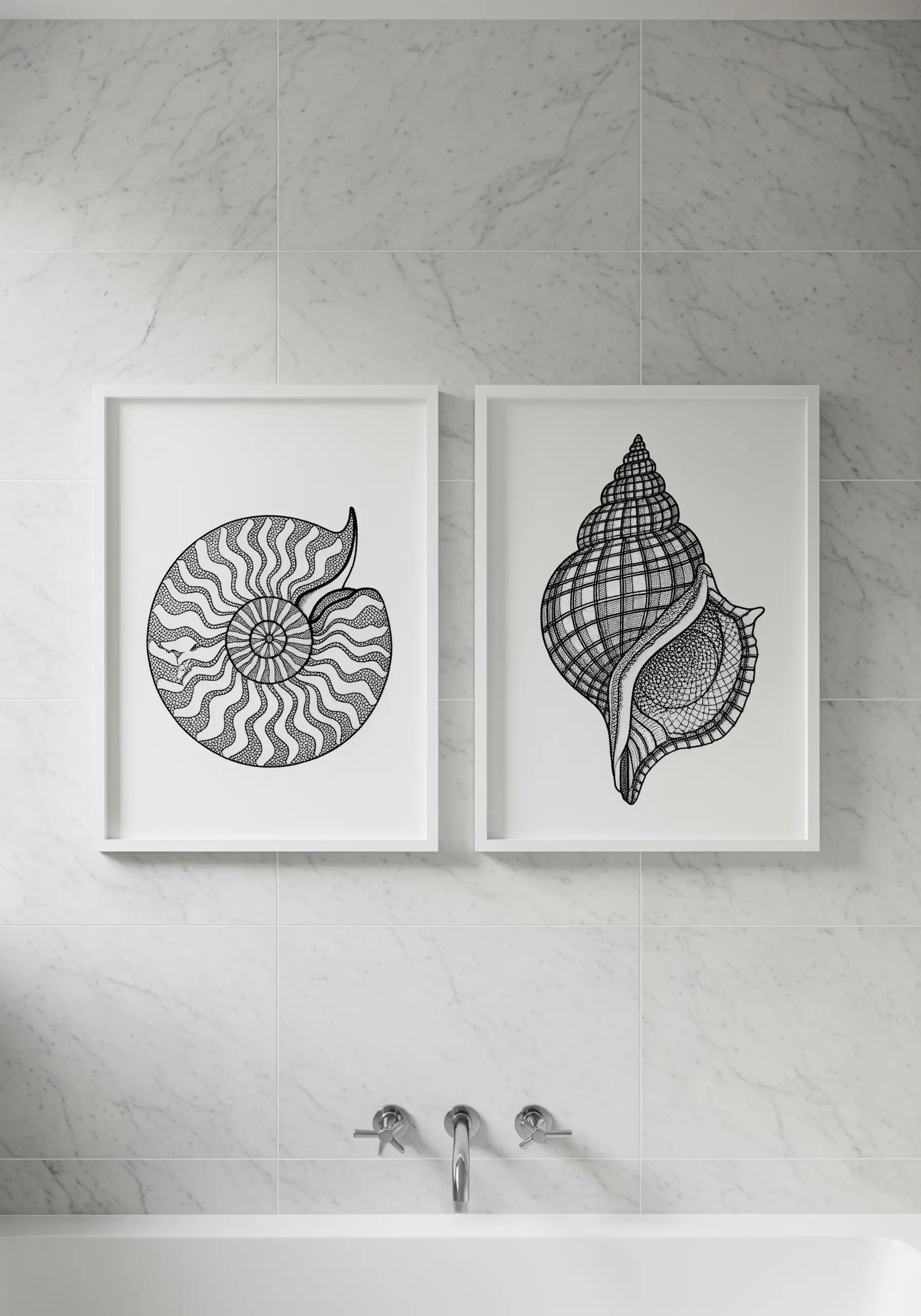 Two framed embroideries of seashells using black thread stippling on white fabric.