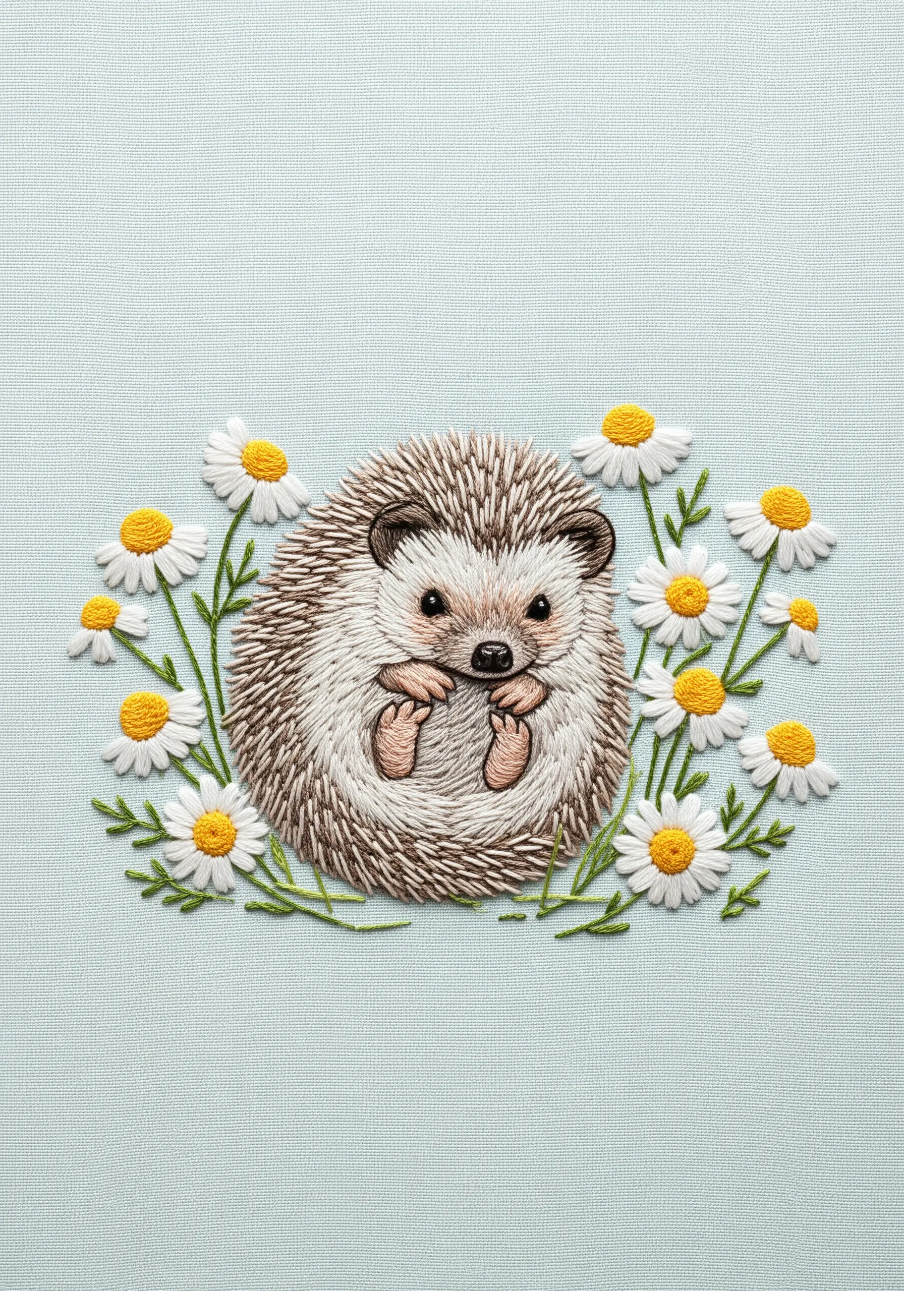 Embroidery of a cute hedgehog curled into a ball surrounded by daisies.