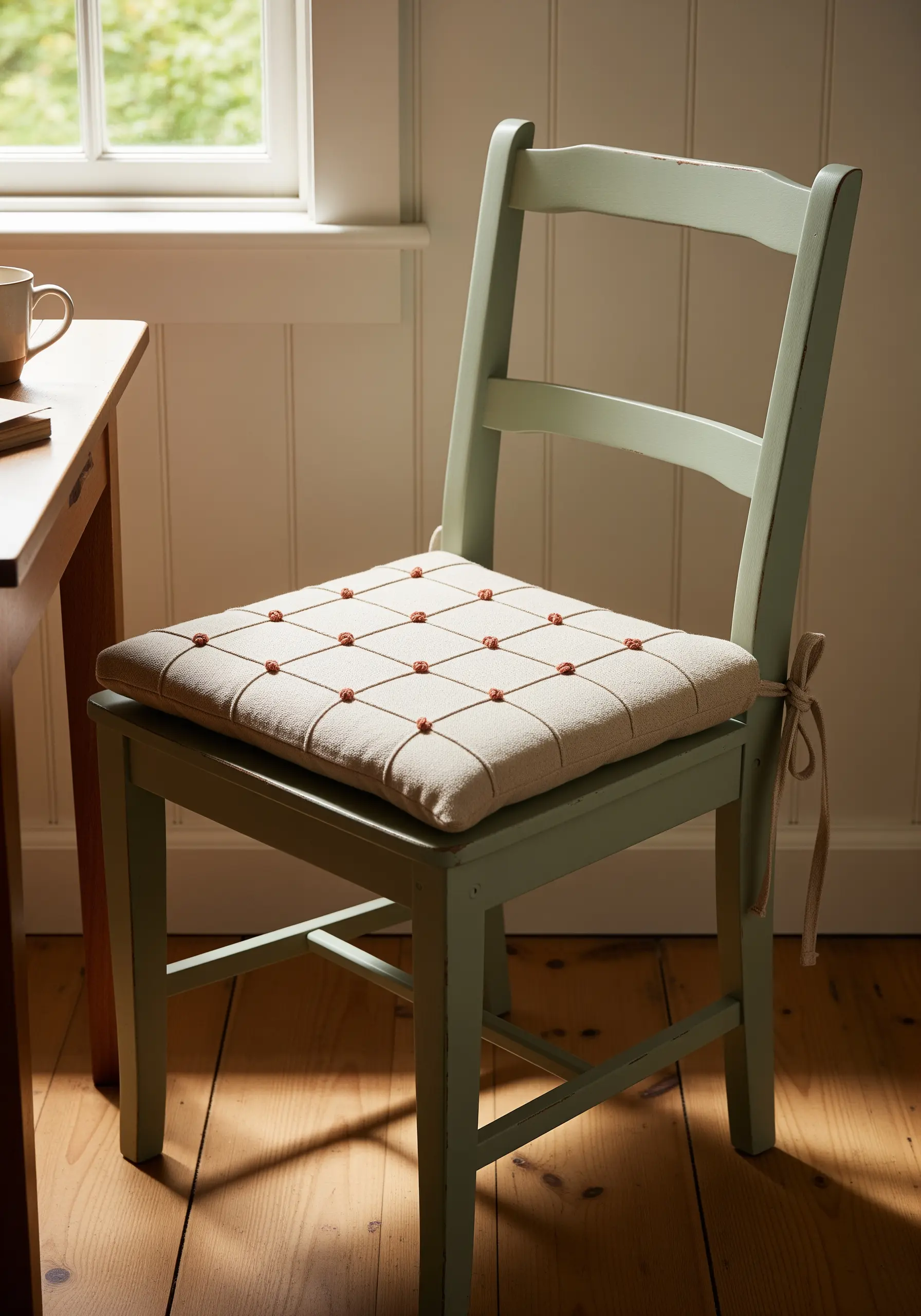 A grid of running stitches and French knots creating a tufted look on a cushion.