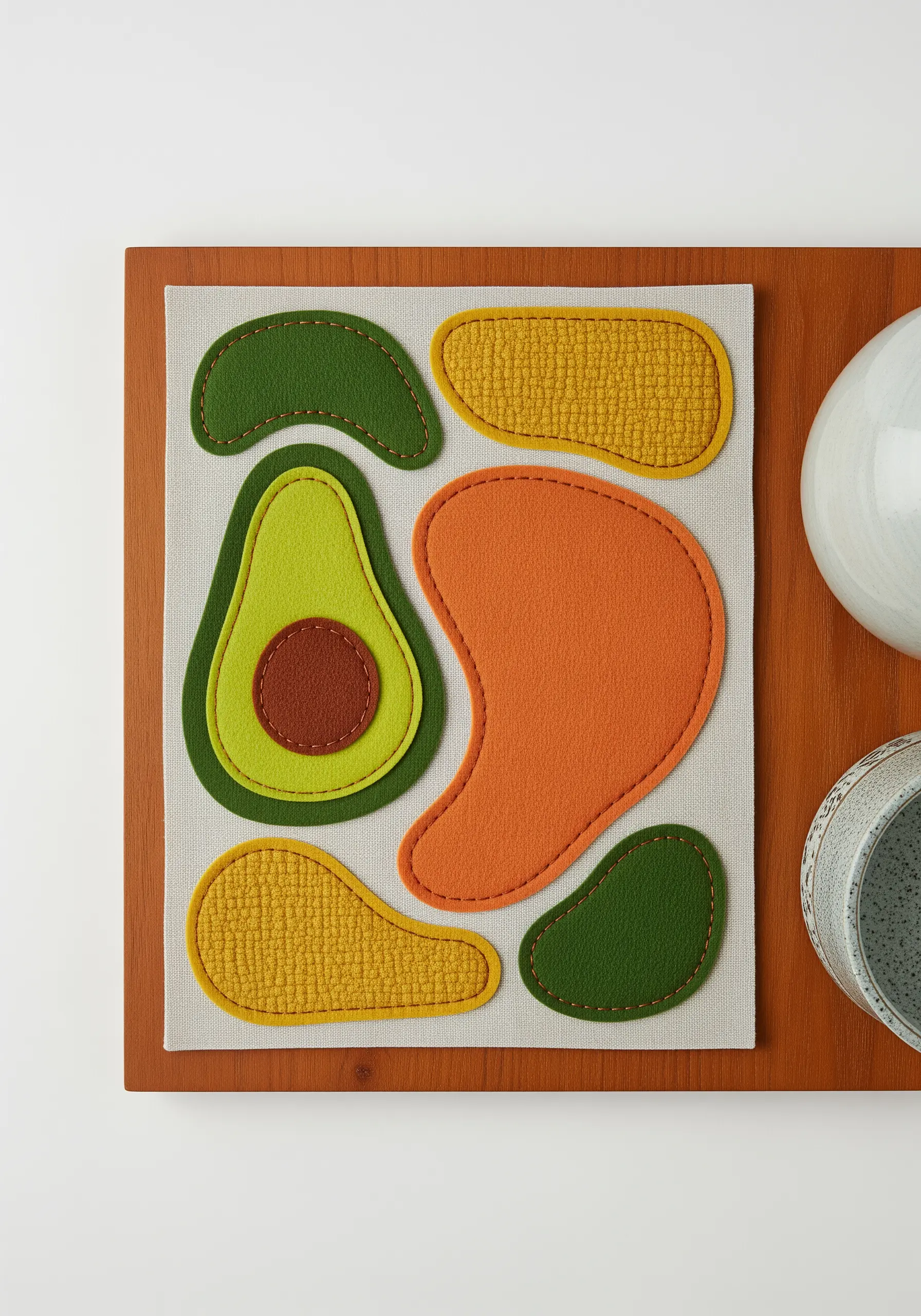 Modern abstract appliqué shapes in green, yellow, and orange textured fabrics on a neutral canvas.