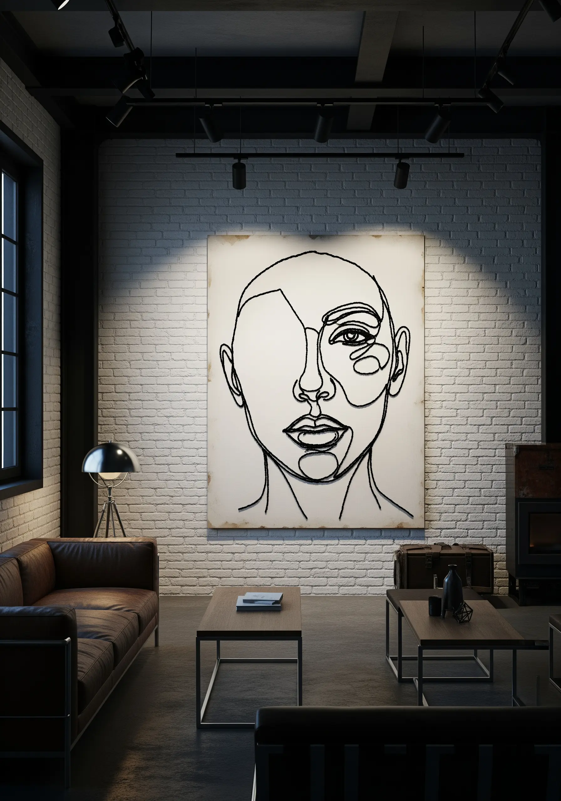 Large-scale single-line portrait in black thread on a canvas in a modern loft.