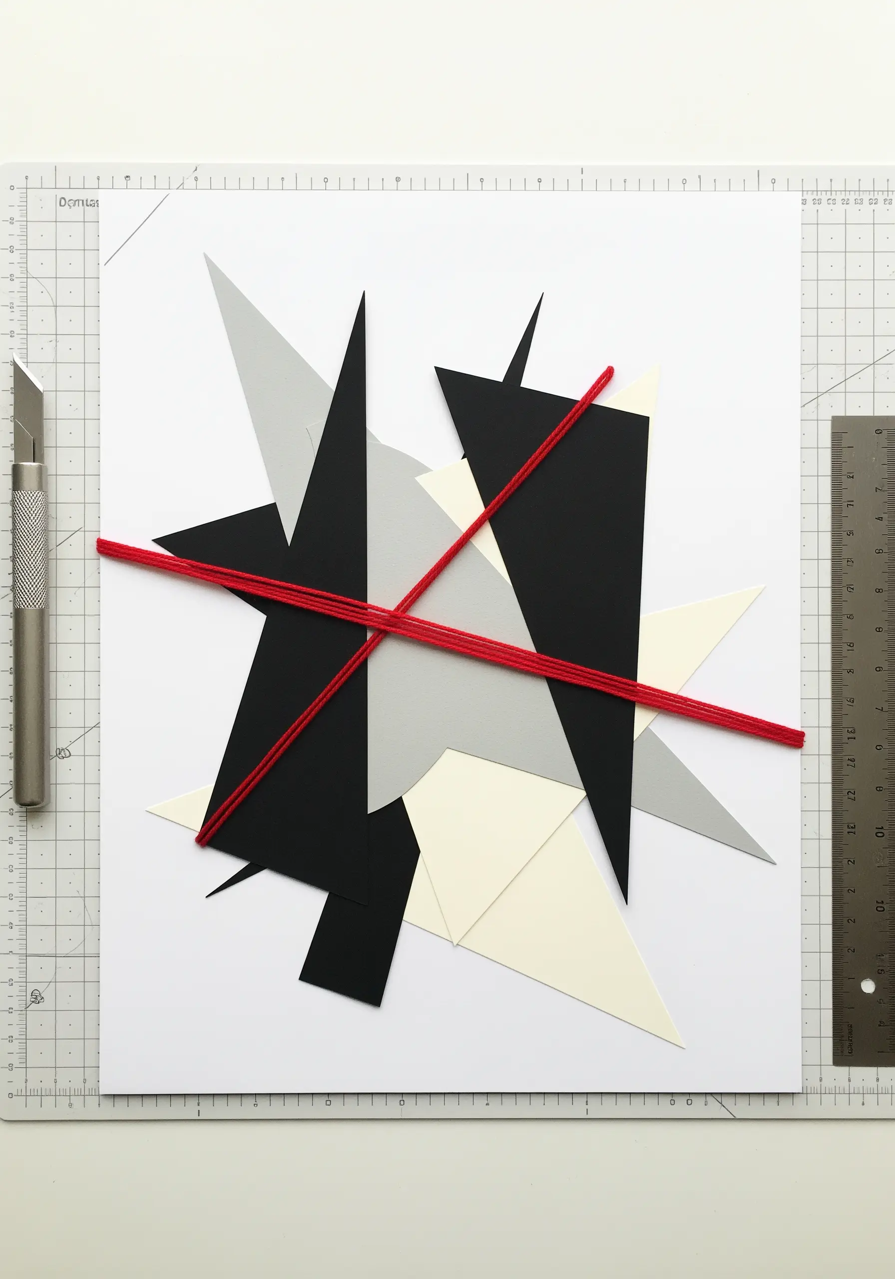 An abstract collage of black, grey, and cream paper shapes intersected by bold red yarn.