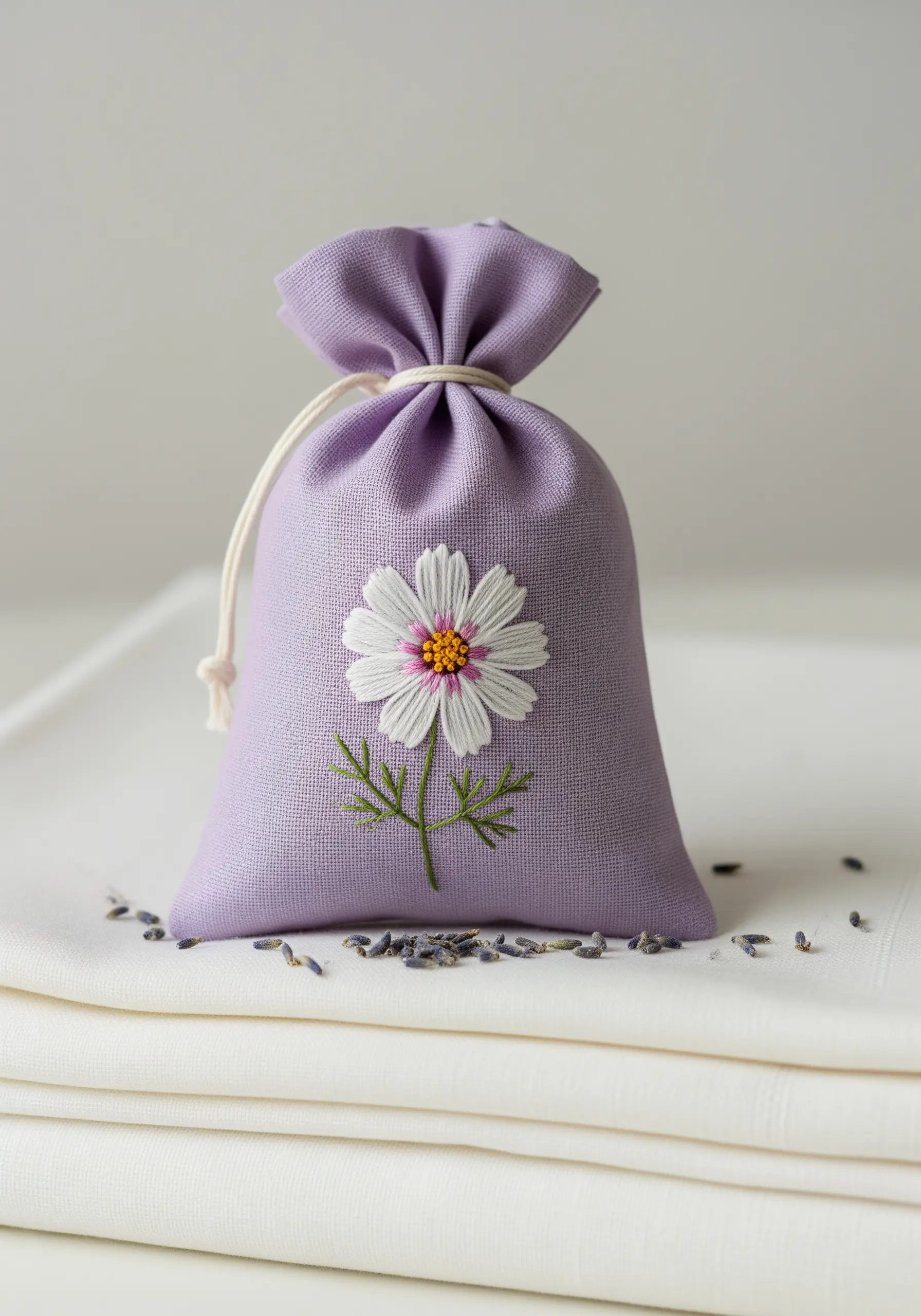 A purple linen sachet with an embroidered cosmos flower made from shiny thread.