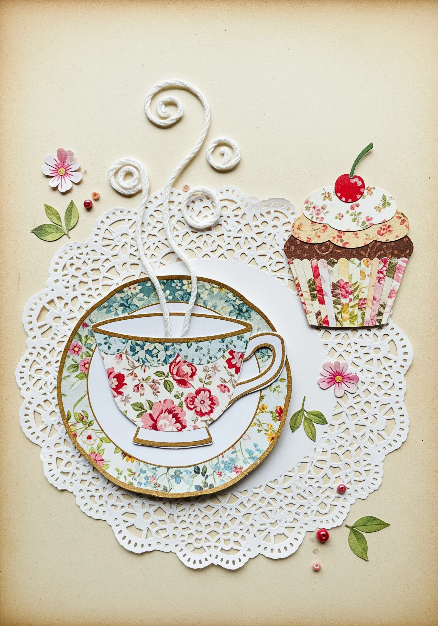 A paper collage of a teacup and cupcake with stiffened white thread forming whimsical steam curls.