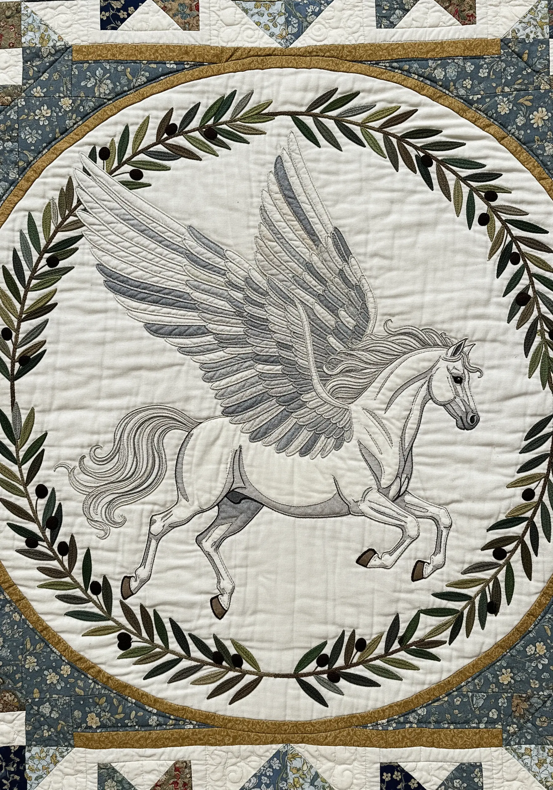 Embroidered Pegasus in shades of gray on a white quilted background, framed by a leaf wreath.