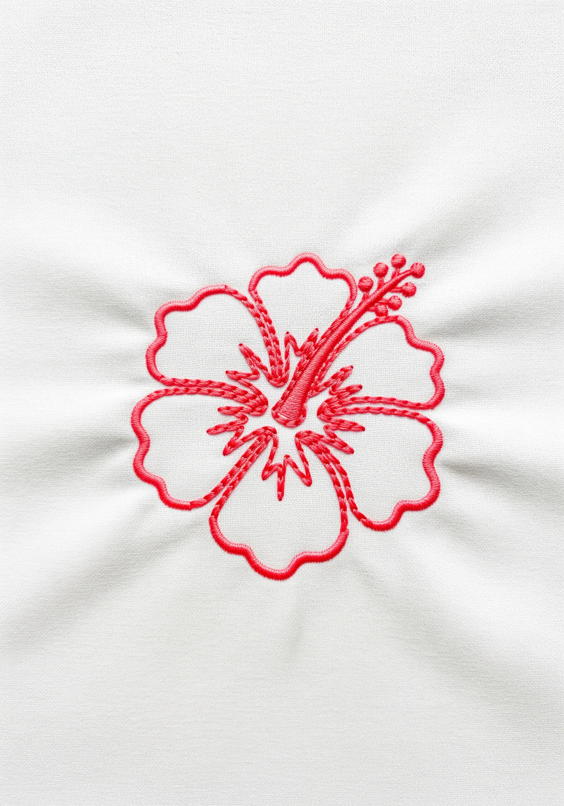 A bold red outline of a hibiscus flower stitched on white fabric.
