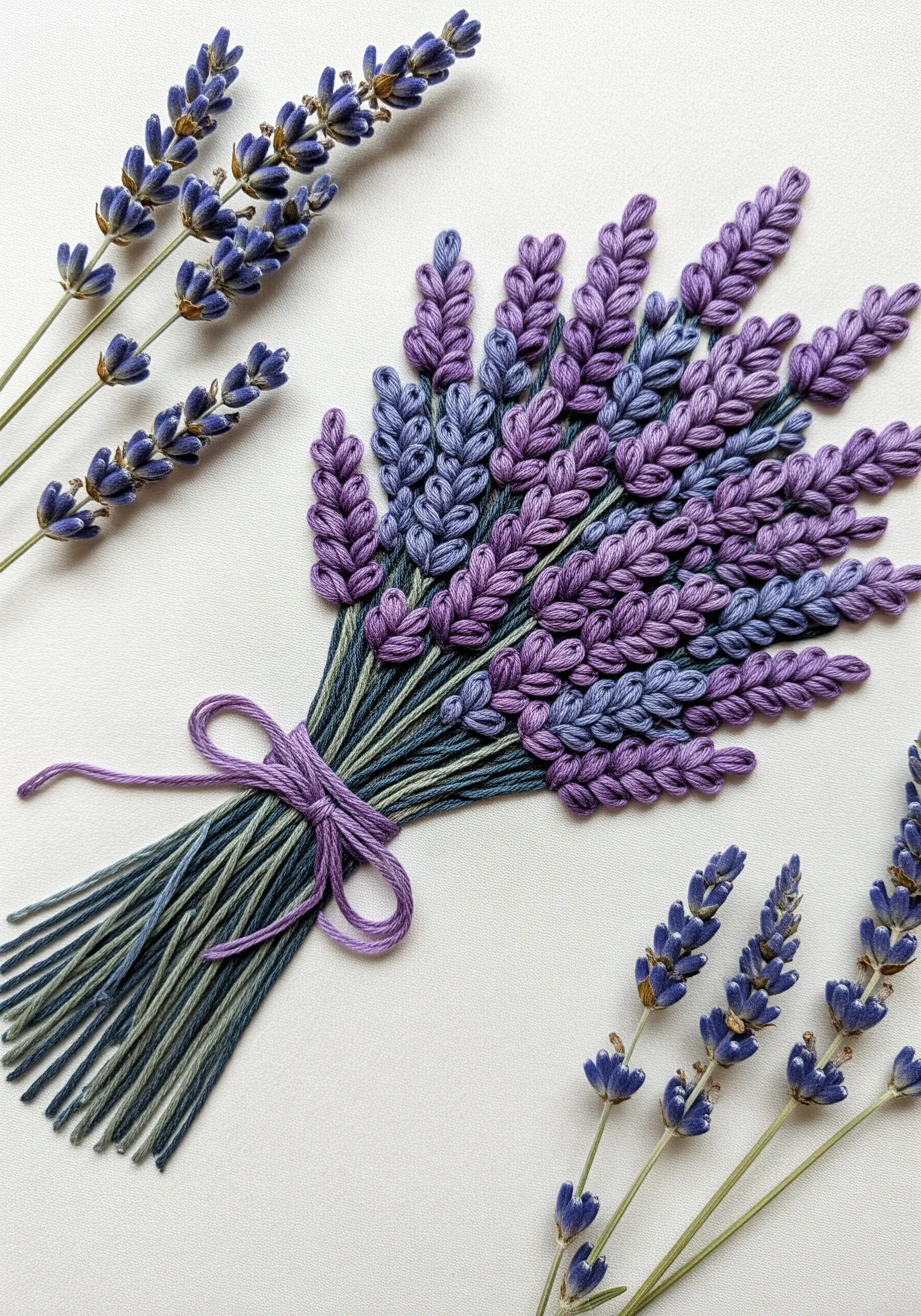 Lavender bouquet embroidery using raised bullion knots for texture