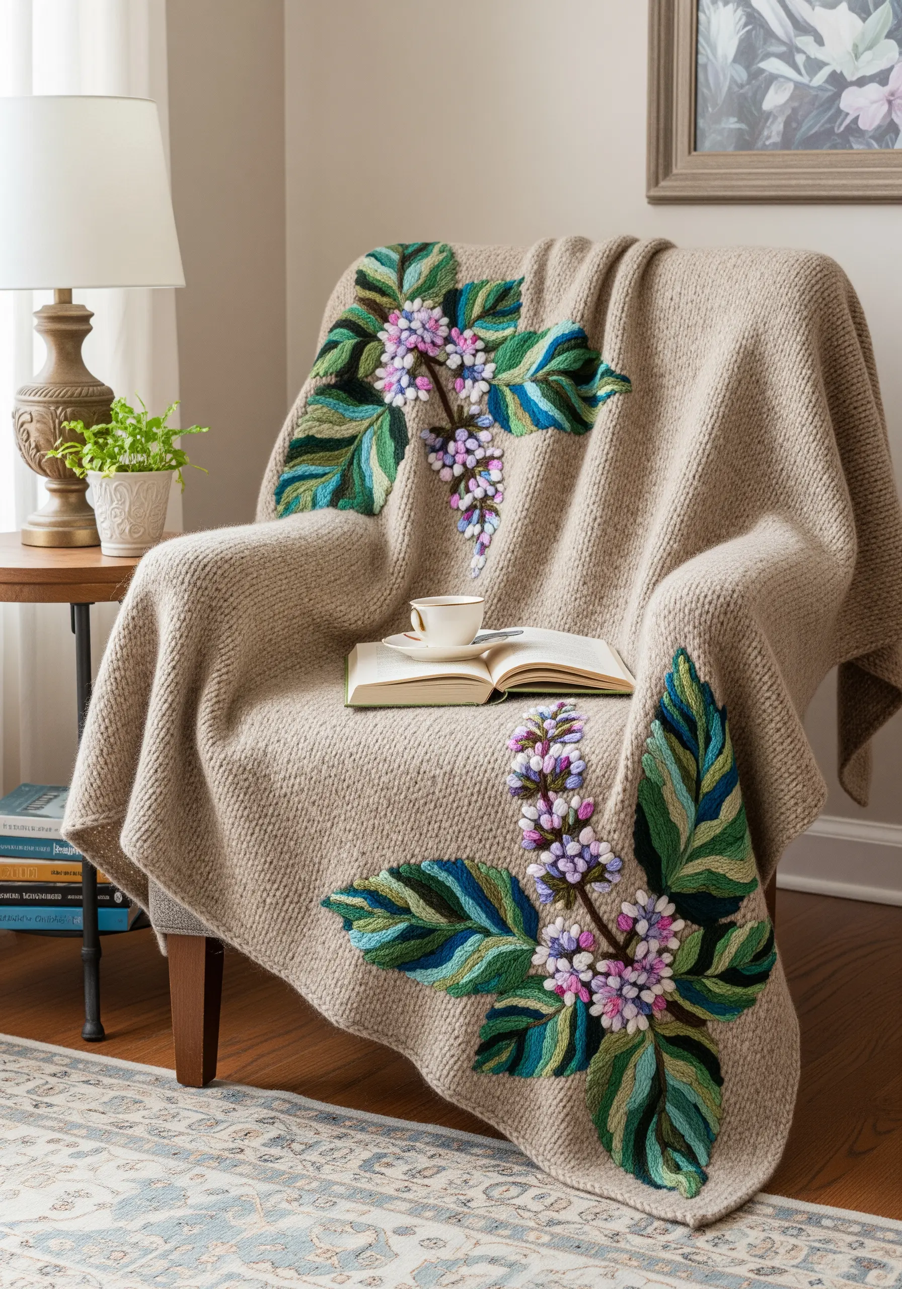 Large, colorful herb blossoms embroidered with thick yarn on a cozy beige wool throw blanket.