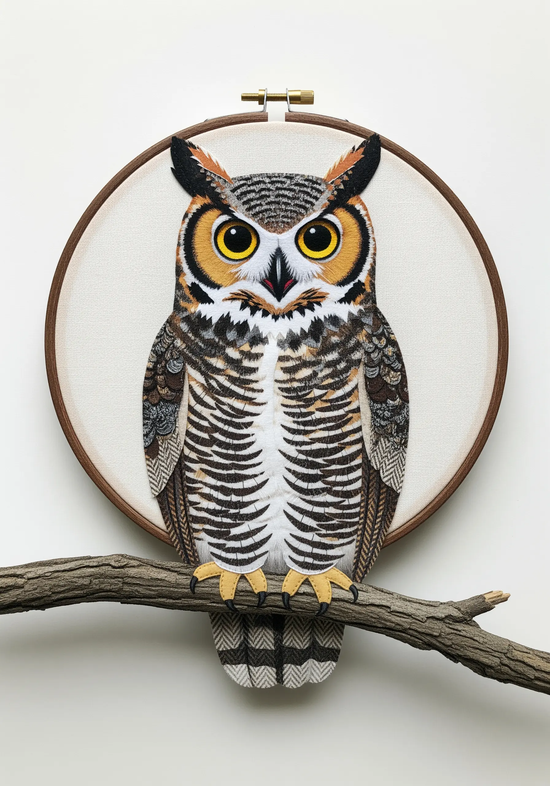 Owl appliqué made from various patterned fabrics to mimic feather details.